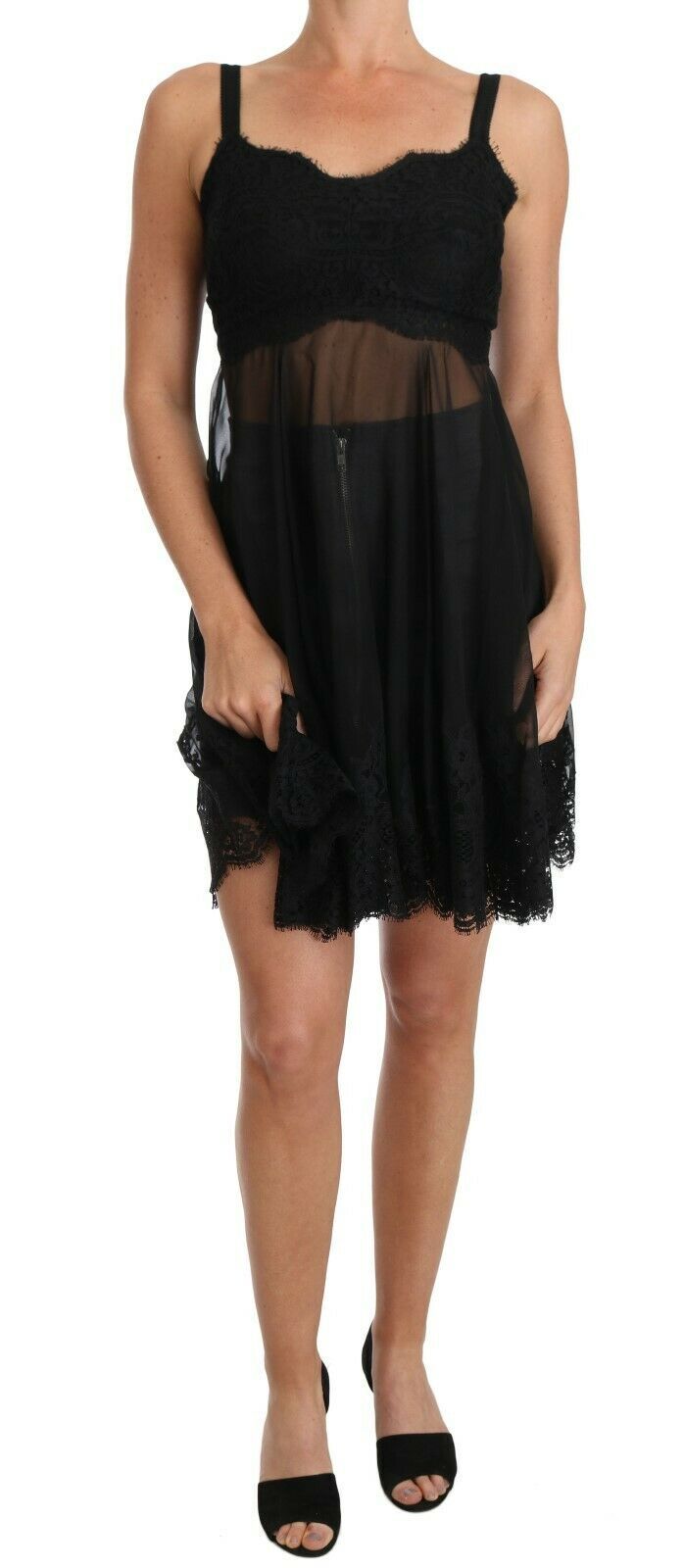 Elegant Black Silk Floral Lace Chemise Dress - ventzia