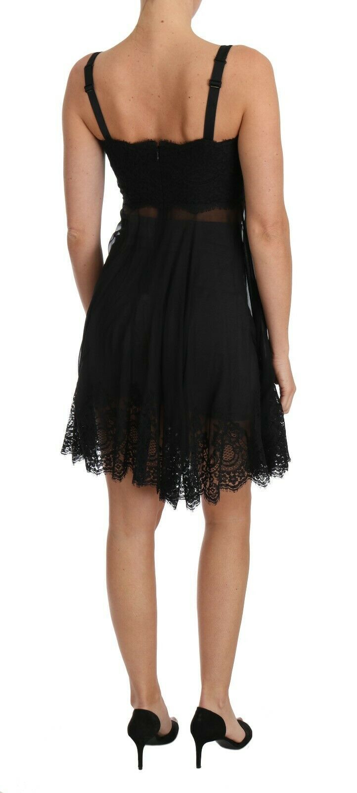 Elegant Black Silk Floral Lace Chemise Dress - ventzia