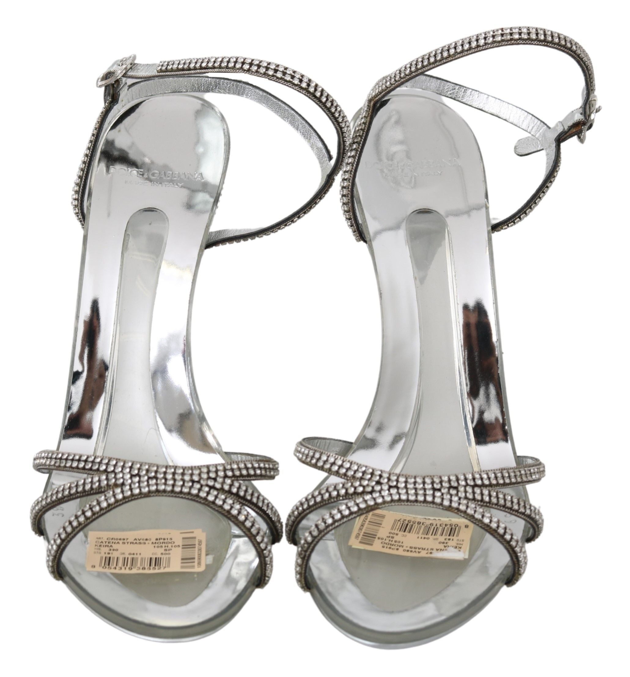 Silver Leather Ankle Strap Sandals with Crystals - ventzia