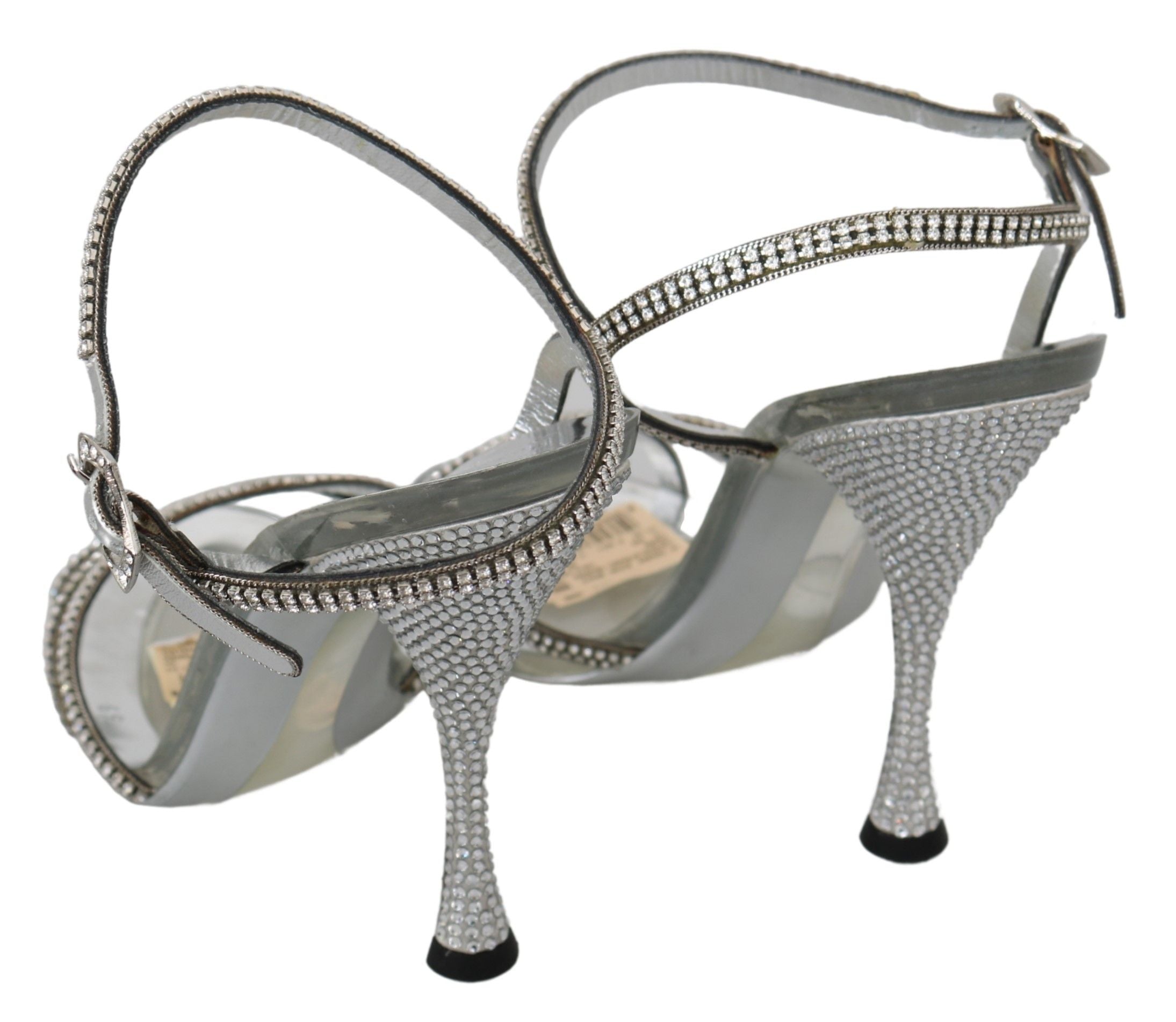 Silver Leather Ankle Strap Sandals with Crystals - ventzia