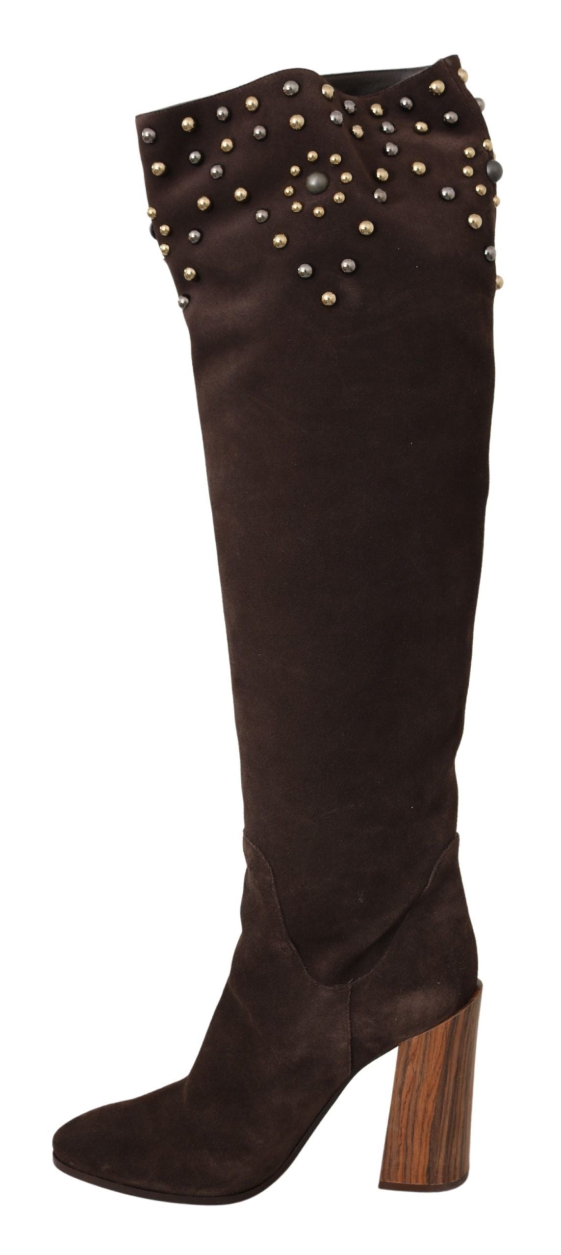 Studded Suede Knee High Boots in Brown - ventzia