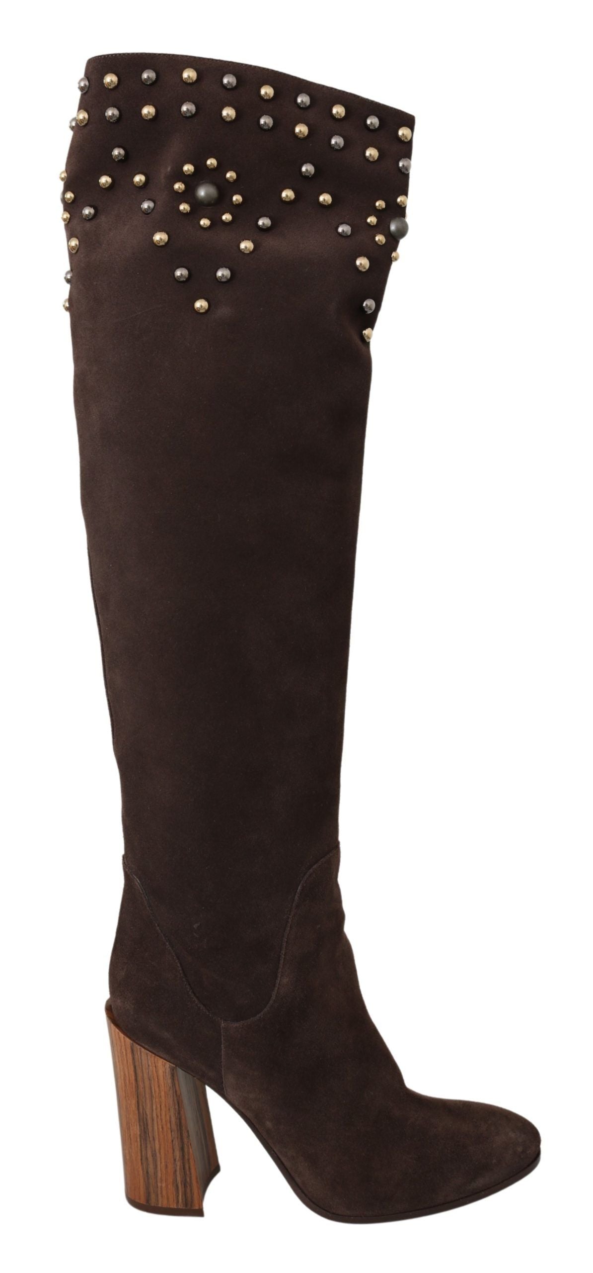 Studded Suede Knee High Boots in Brown - ventzia