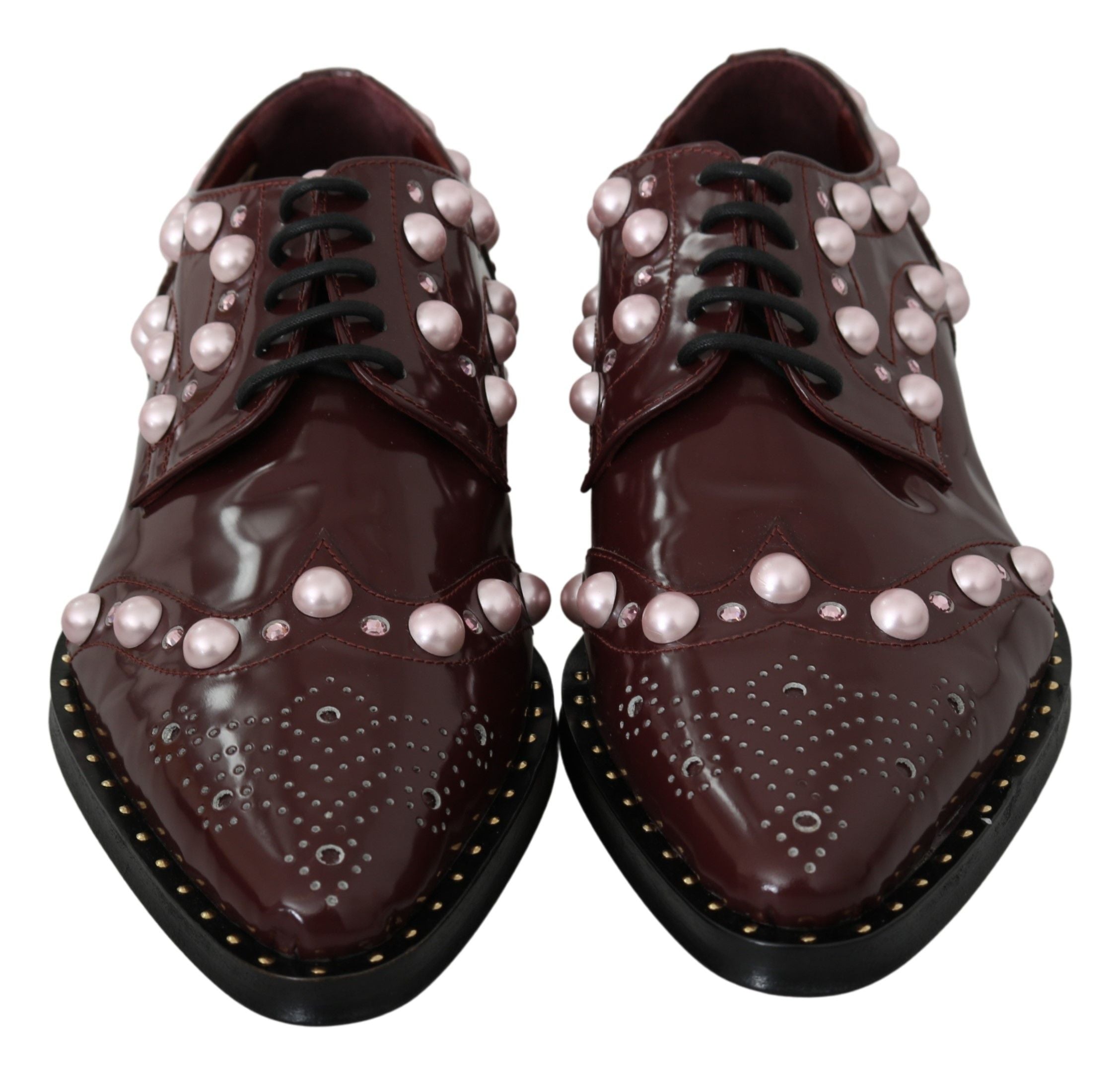 Elegant Bordeaux Lace-Up Flats with Pearls and Crystals - ventzia