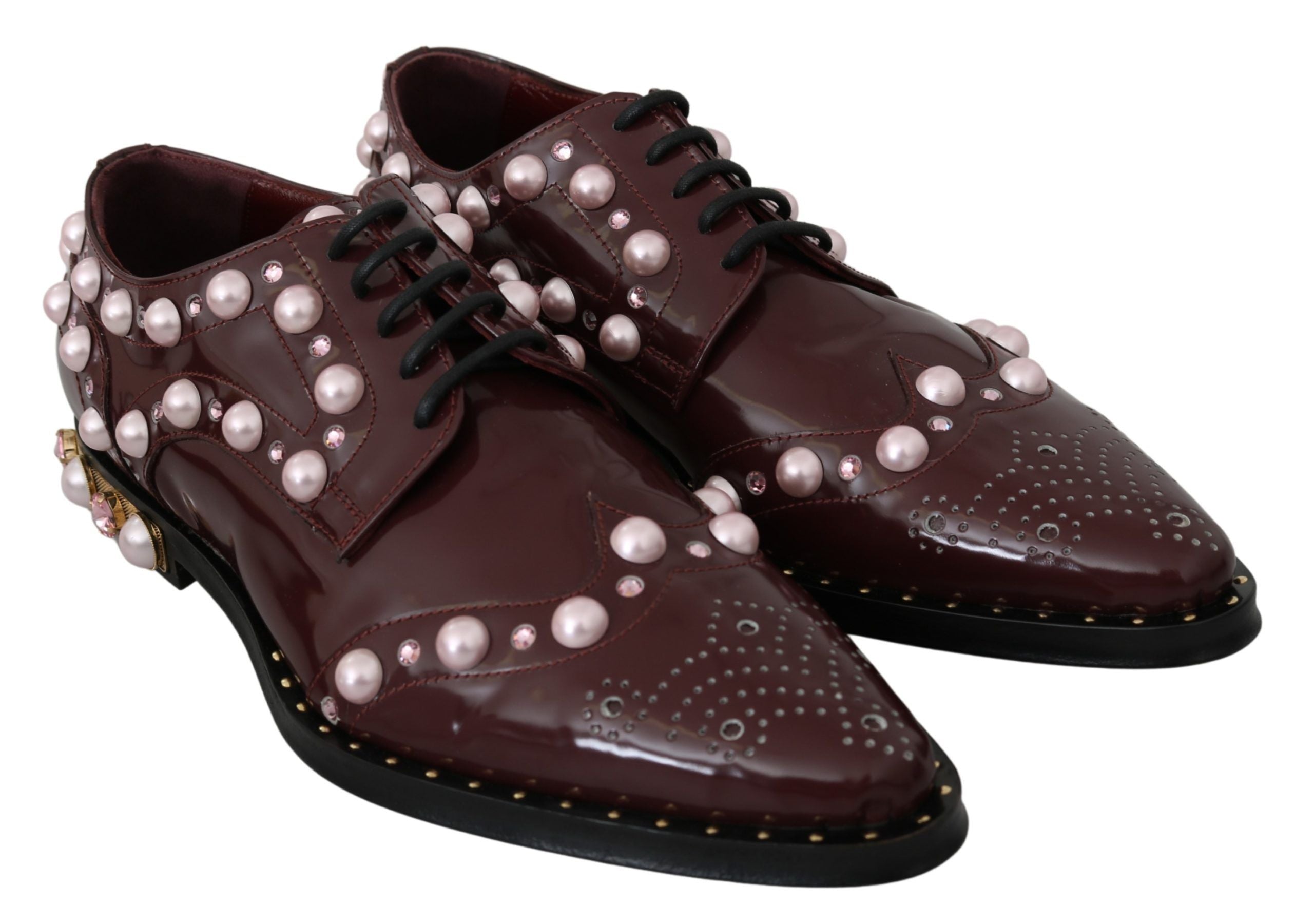 Elegant Bordeaux Lace-Up Flats with Pearls and Crystals - ventzia