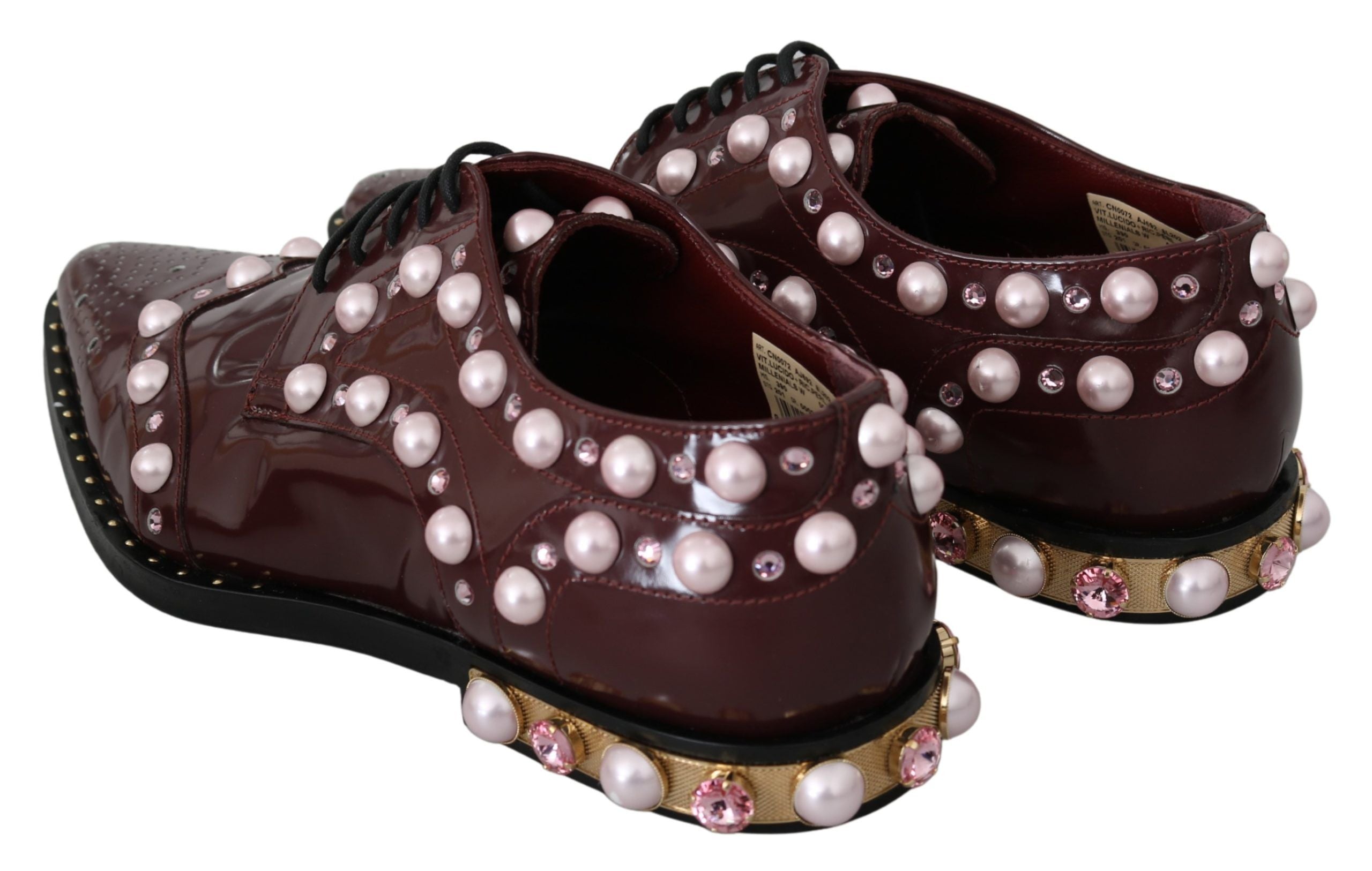 Elegant Bordeaux Lace-Up Flats with Pearls and Crystals - ventzia