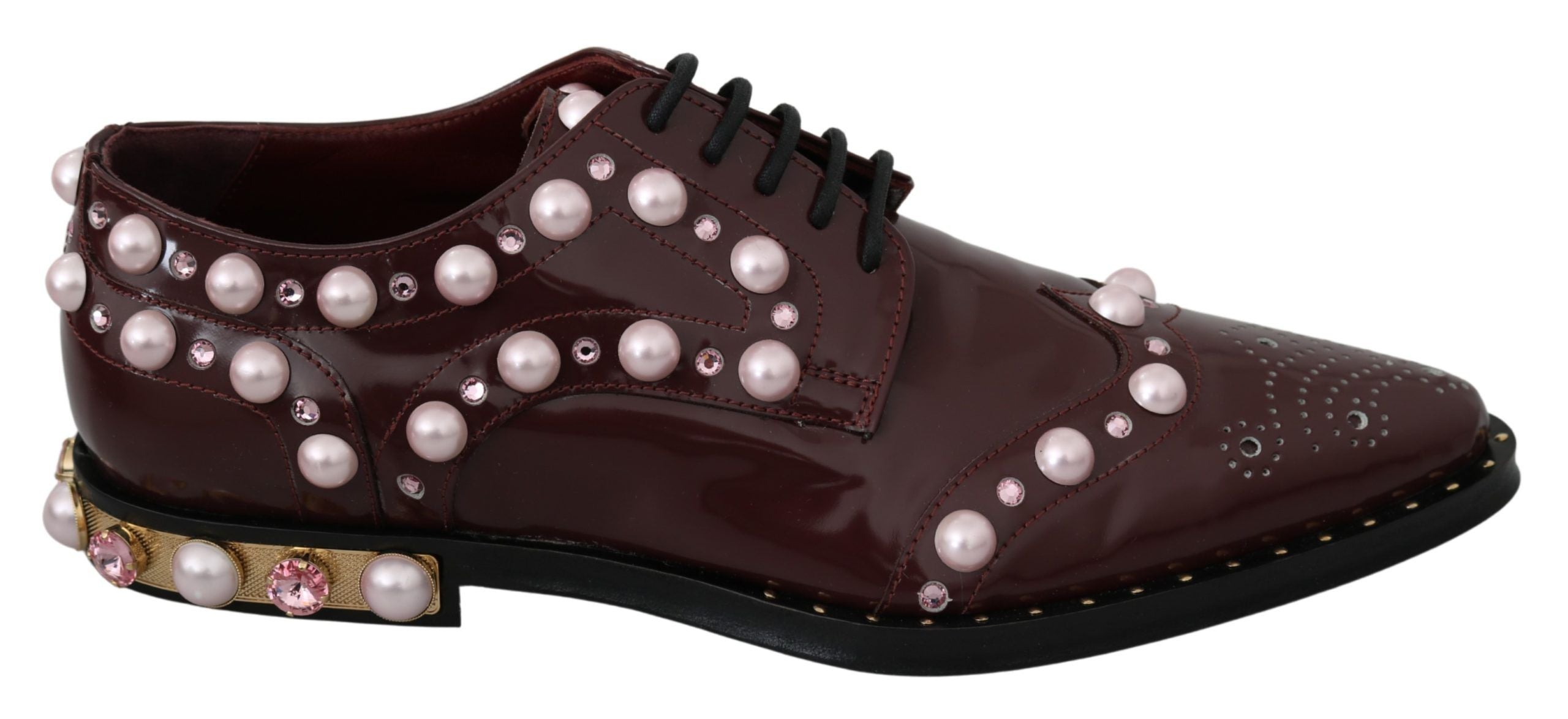 Elegant Bordeaux Lace-Up Flats with Pearls and Crystals - ventzia