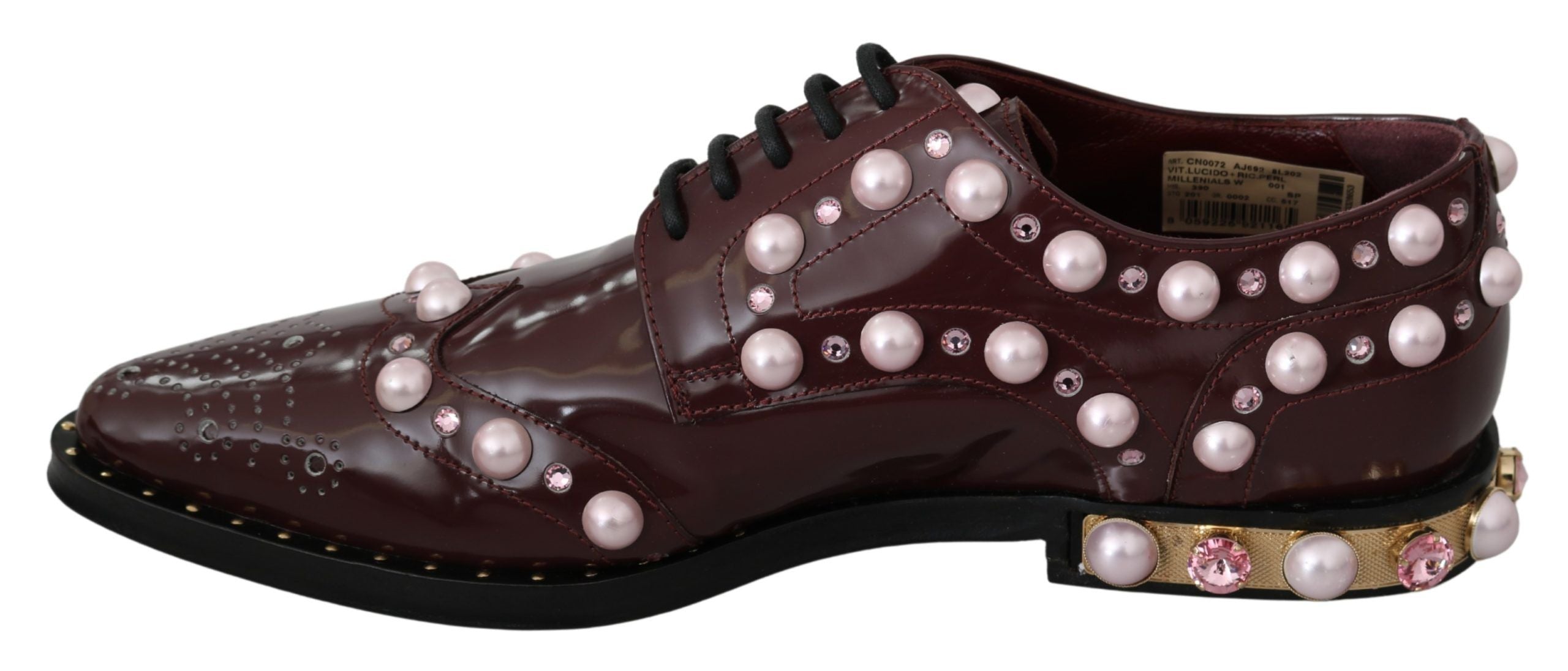 Elegant Bordeaux Lace-Up Flats with Pearls and Crystals - ventzia