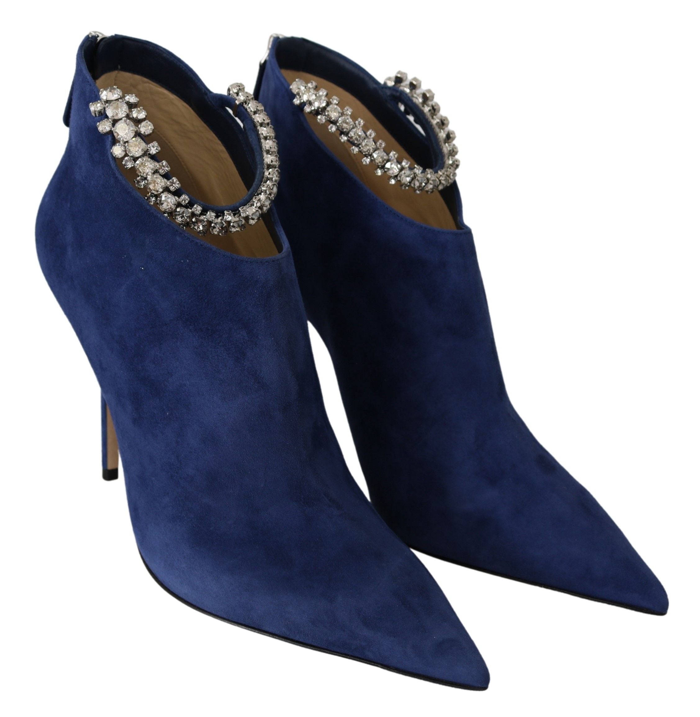 Pop Blue Crystal-Strap Heeled Boots - ventzia