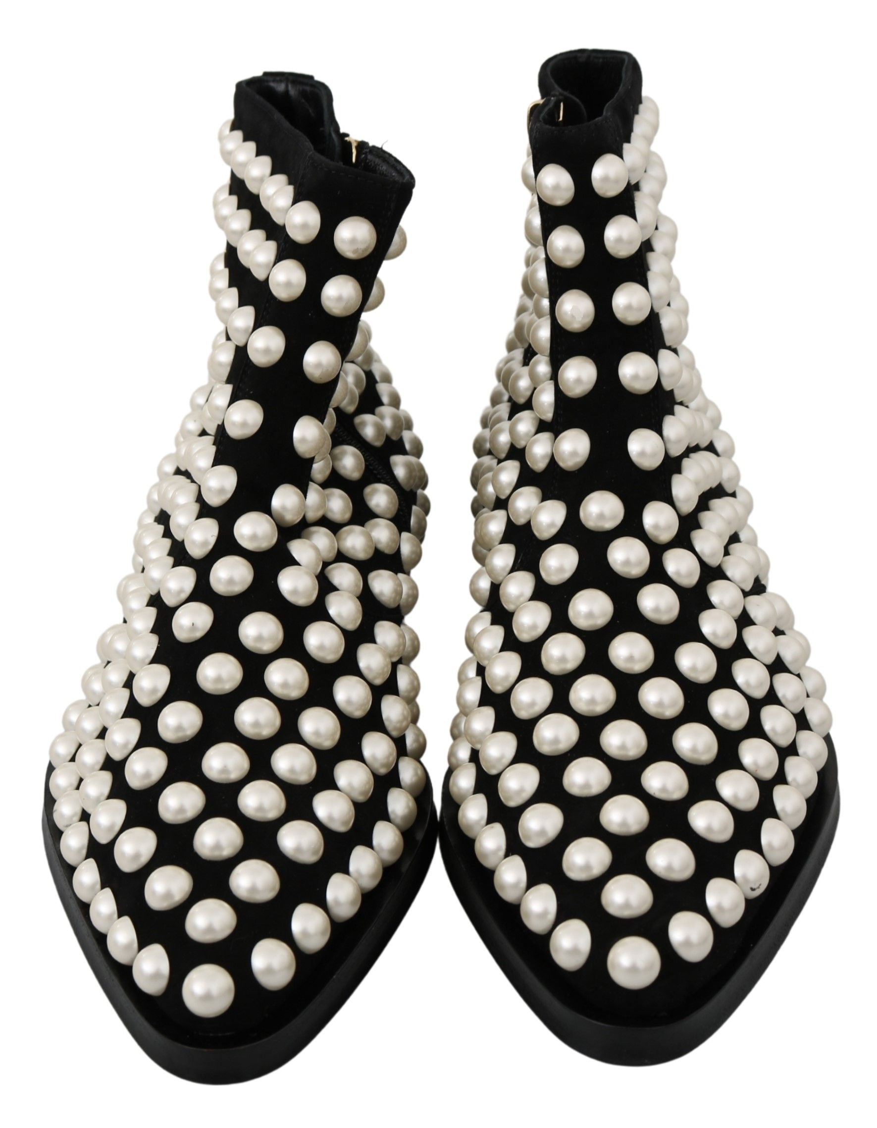 Chic Black Suede Ankle Boots with Pearls - ventzia