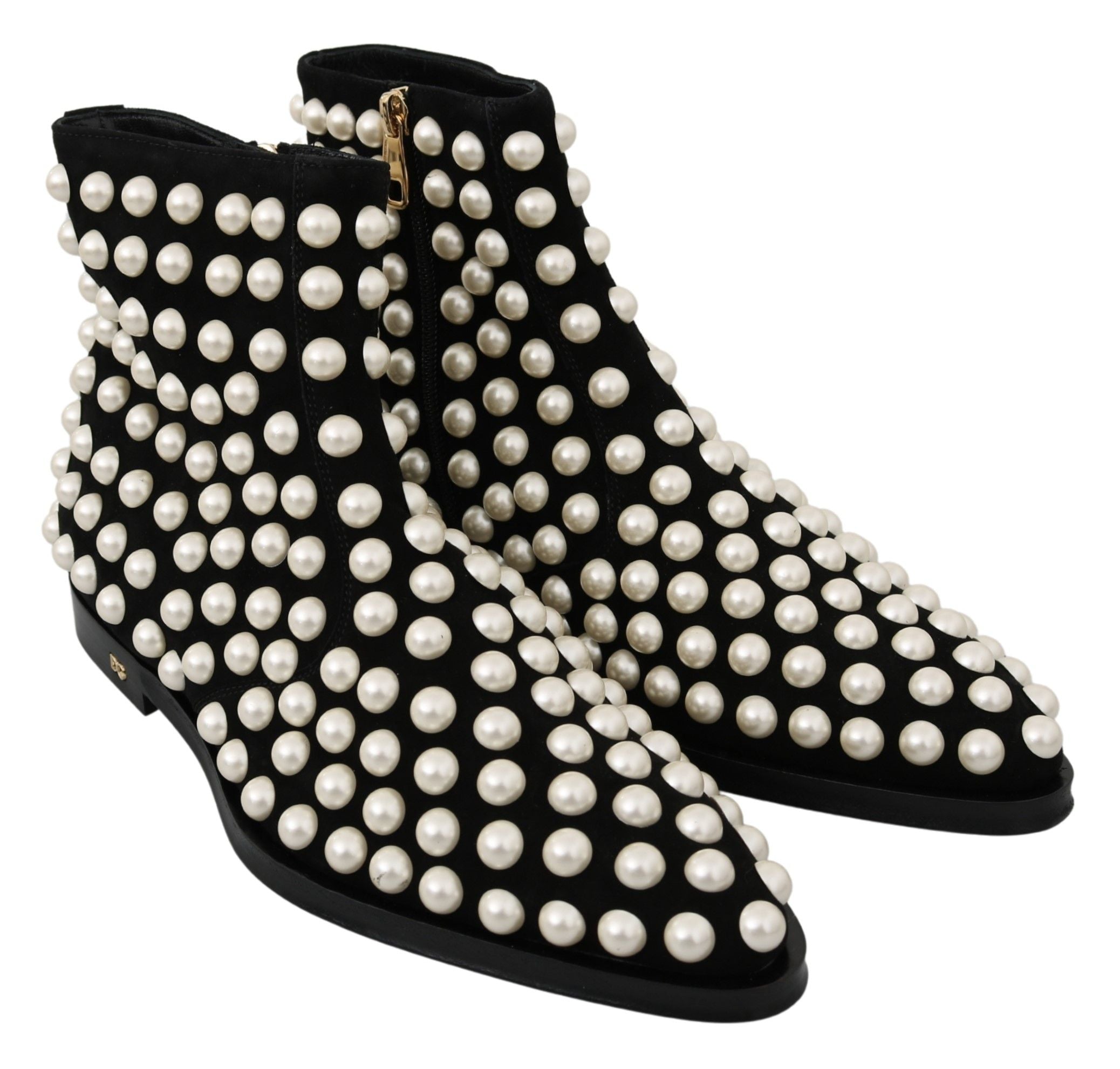 Chic Black Suede Ankle Boots with Pearls - ventzia