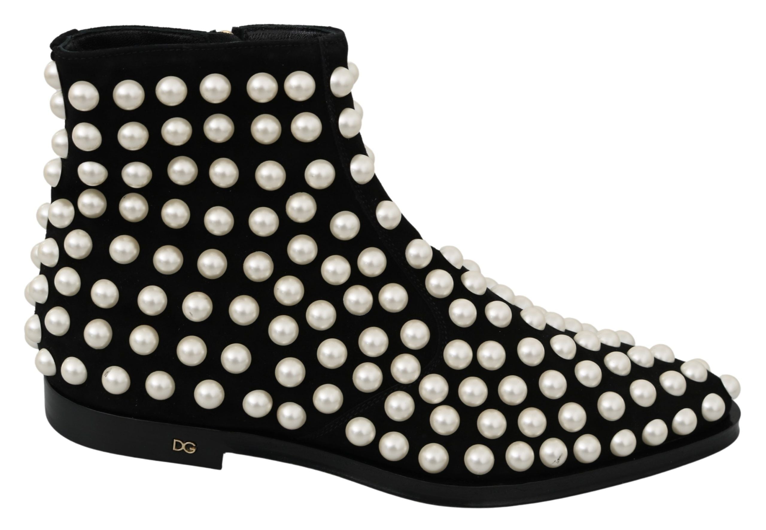 Chic Black Suede Ankle Boots with Pearls - ventzia