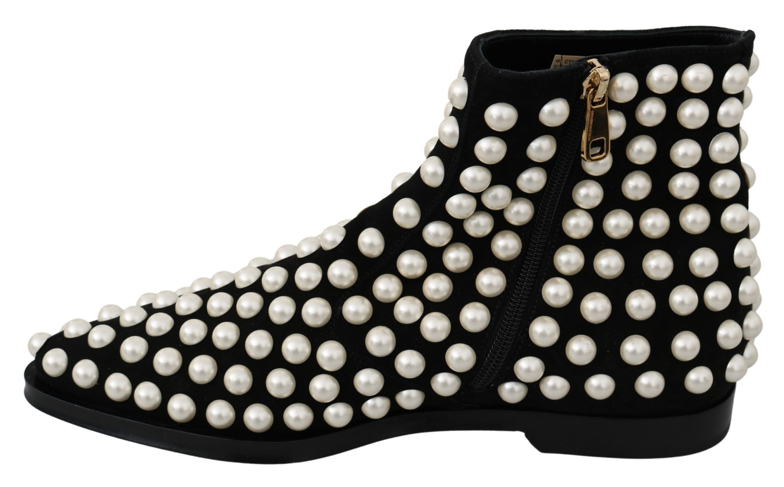 Chic Black Suede Ankle Boots with Pearls - ventzia