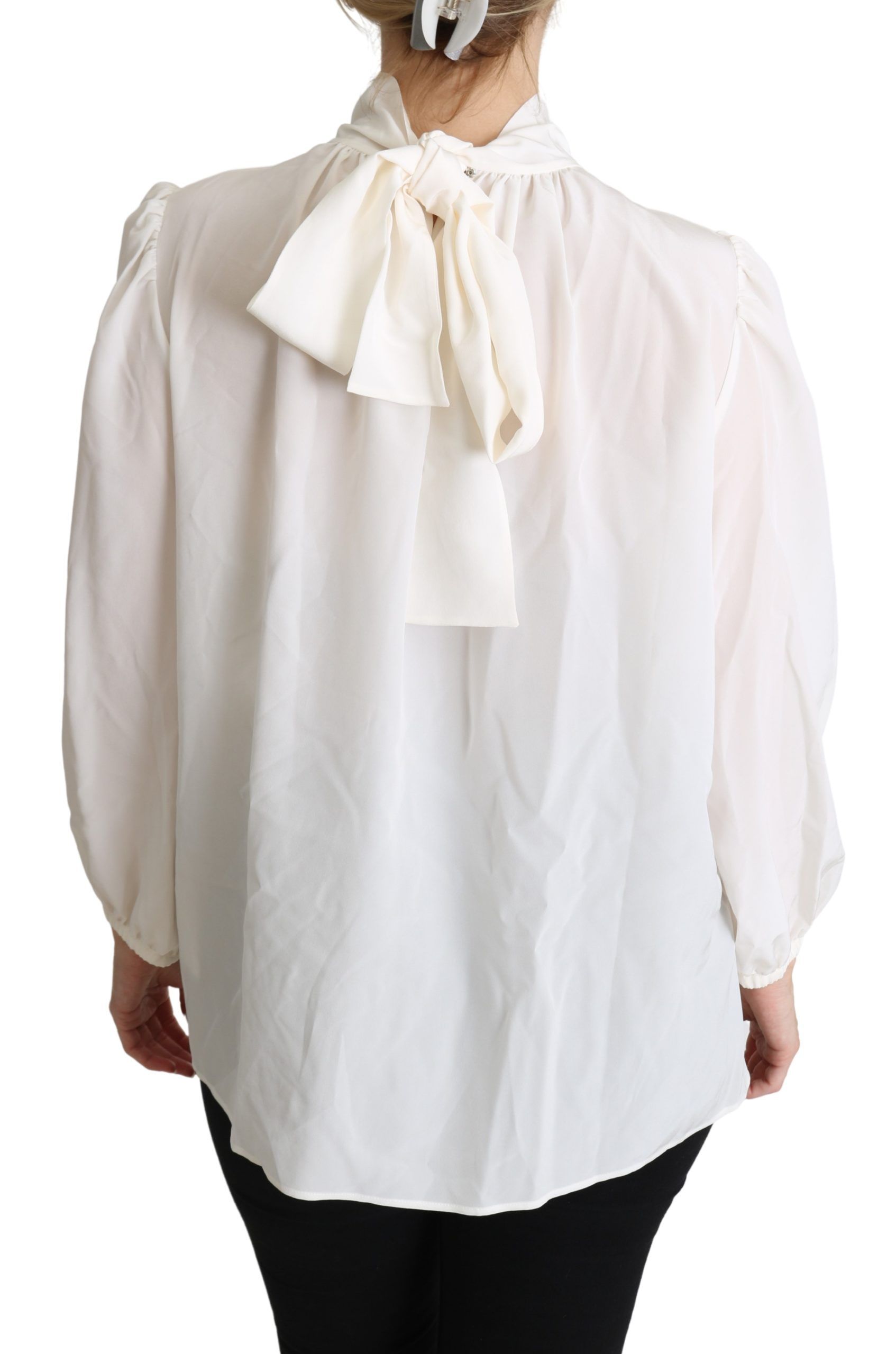White Silk Pussy Bow Long Sleeved Top Blouse - ventzia