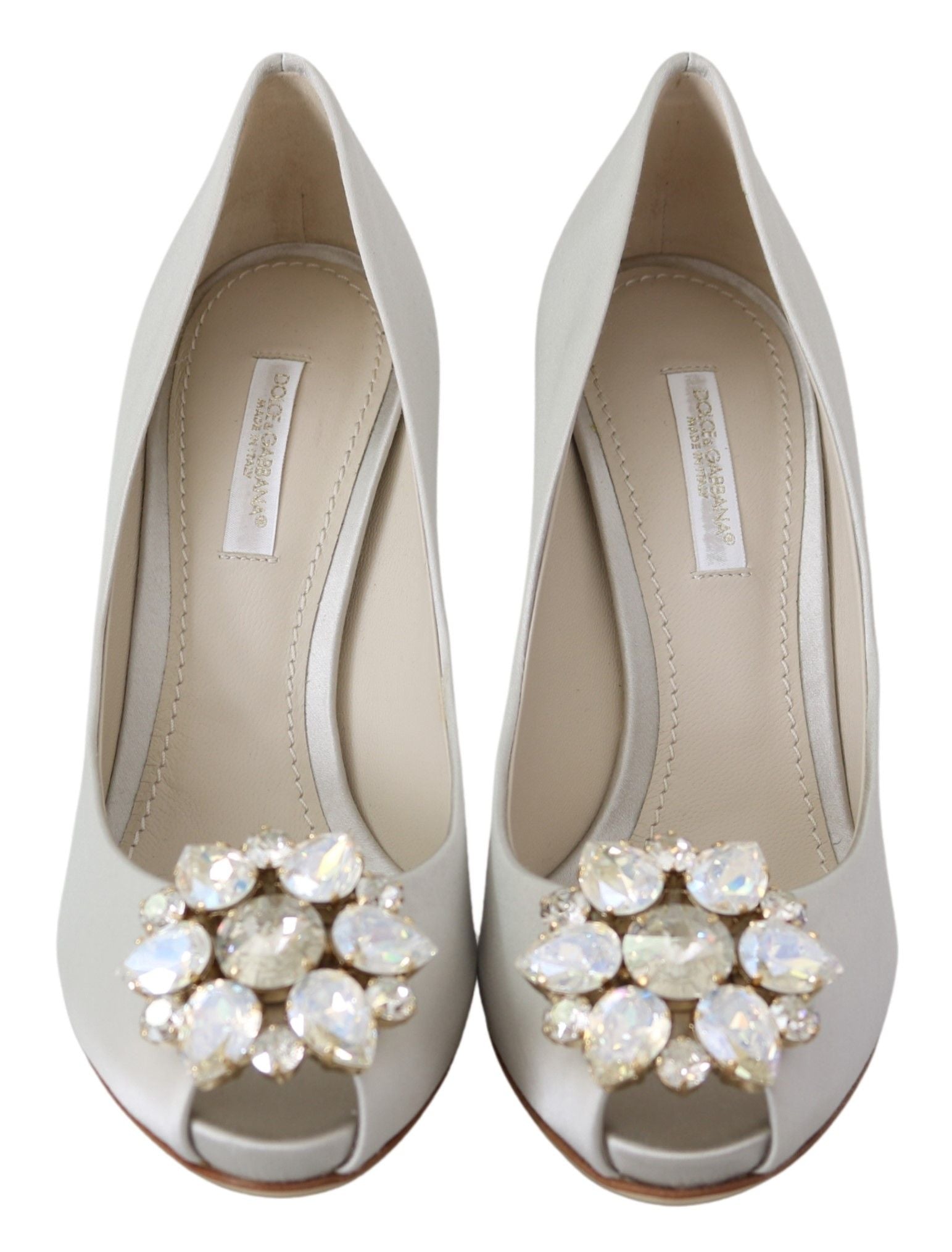 White Crystal Peep Toe Silk Blend Heels - ventzia