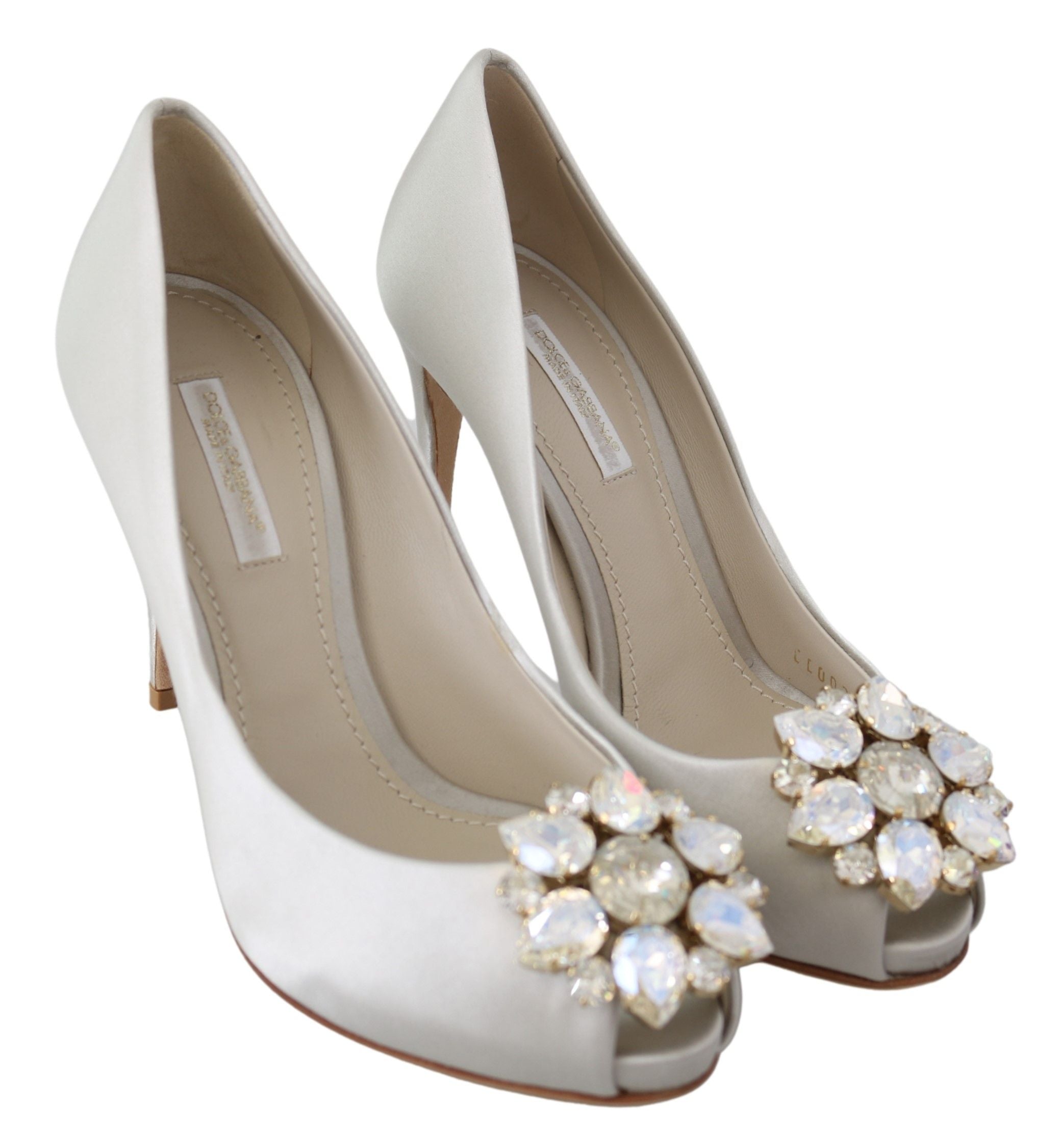 White Crystal Peep Toe Silk Blend Heels - ventzia