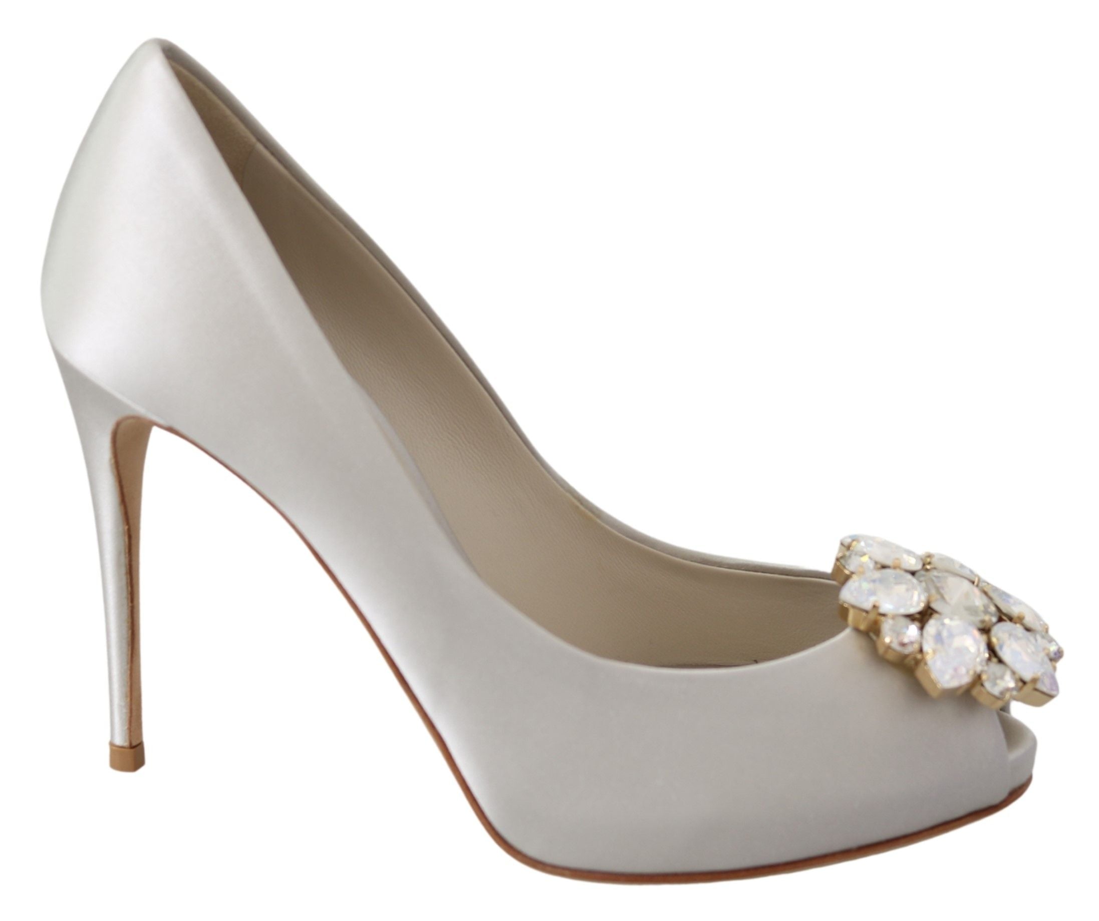 White Crystal Peep Toe Silk Blend Heels - ventzia
