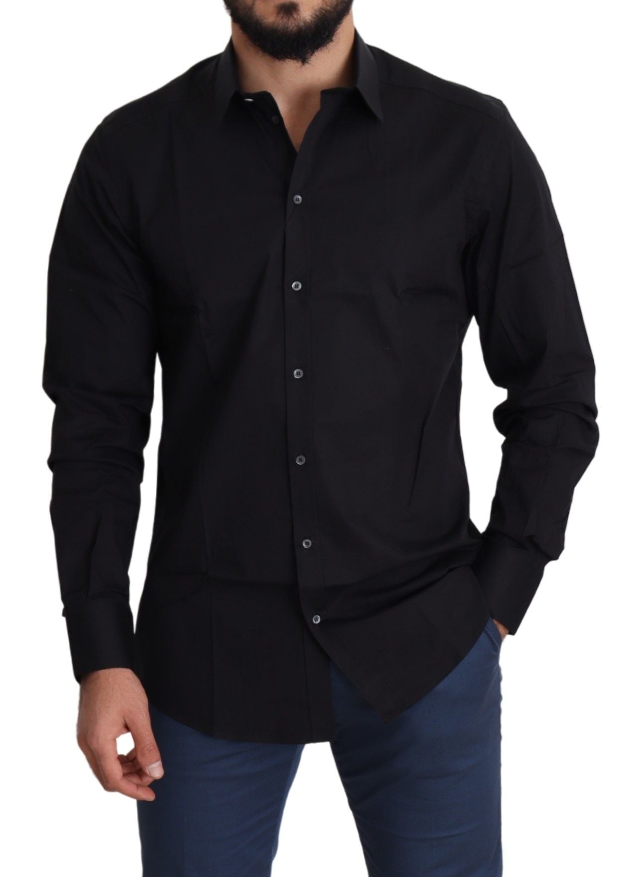 Elegant Black Cotton Stretch Dress Shirt - ventzia