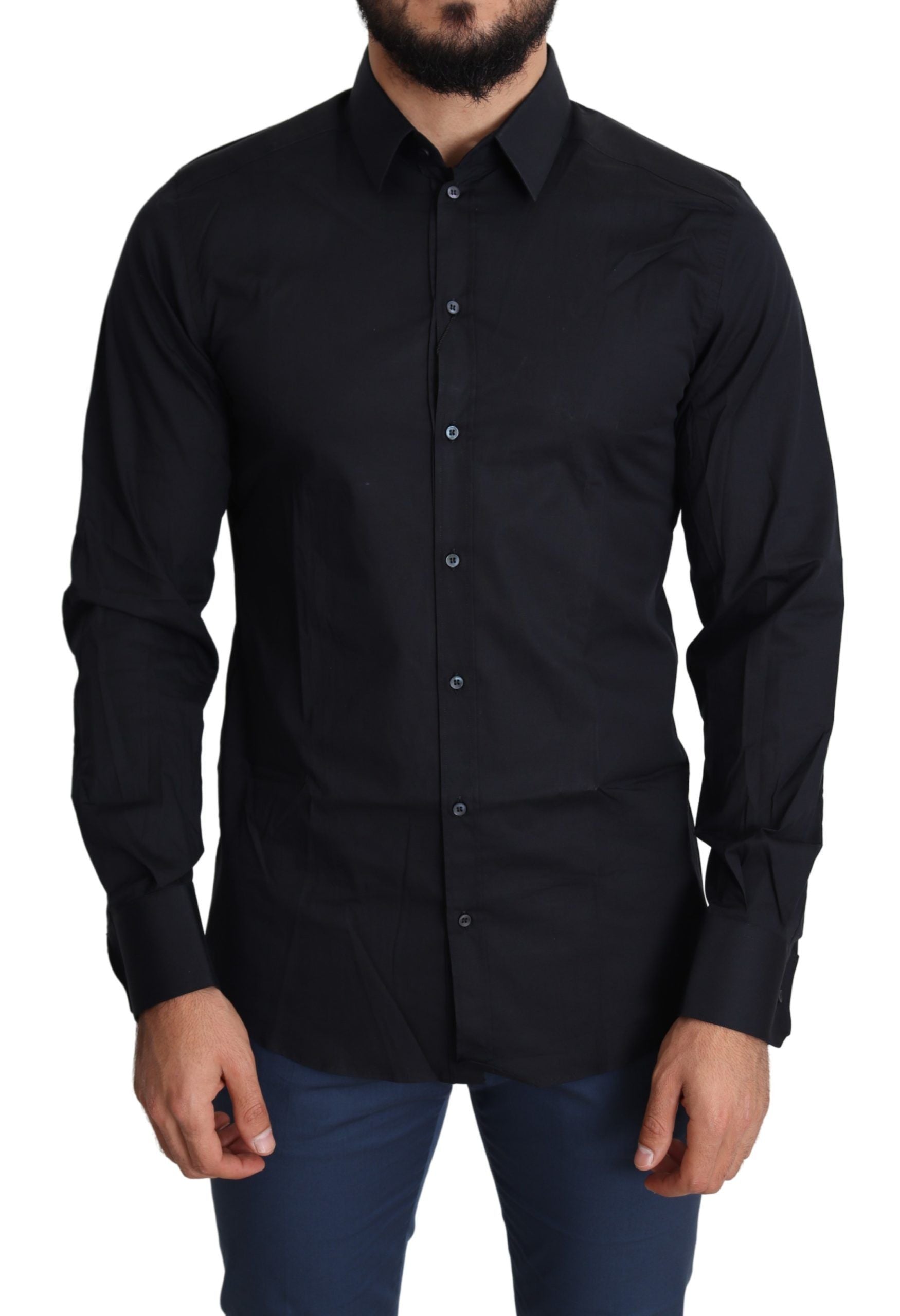 Sleek Black Slim Fit Cotton Stretch Dress Shirt - ventzia