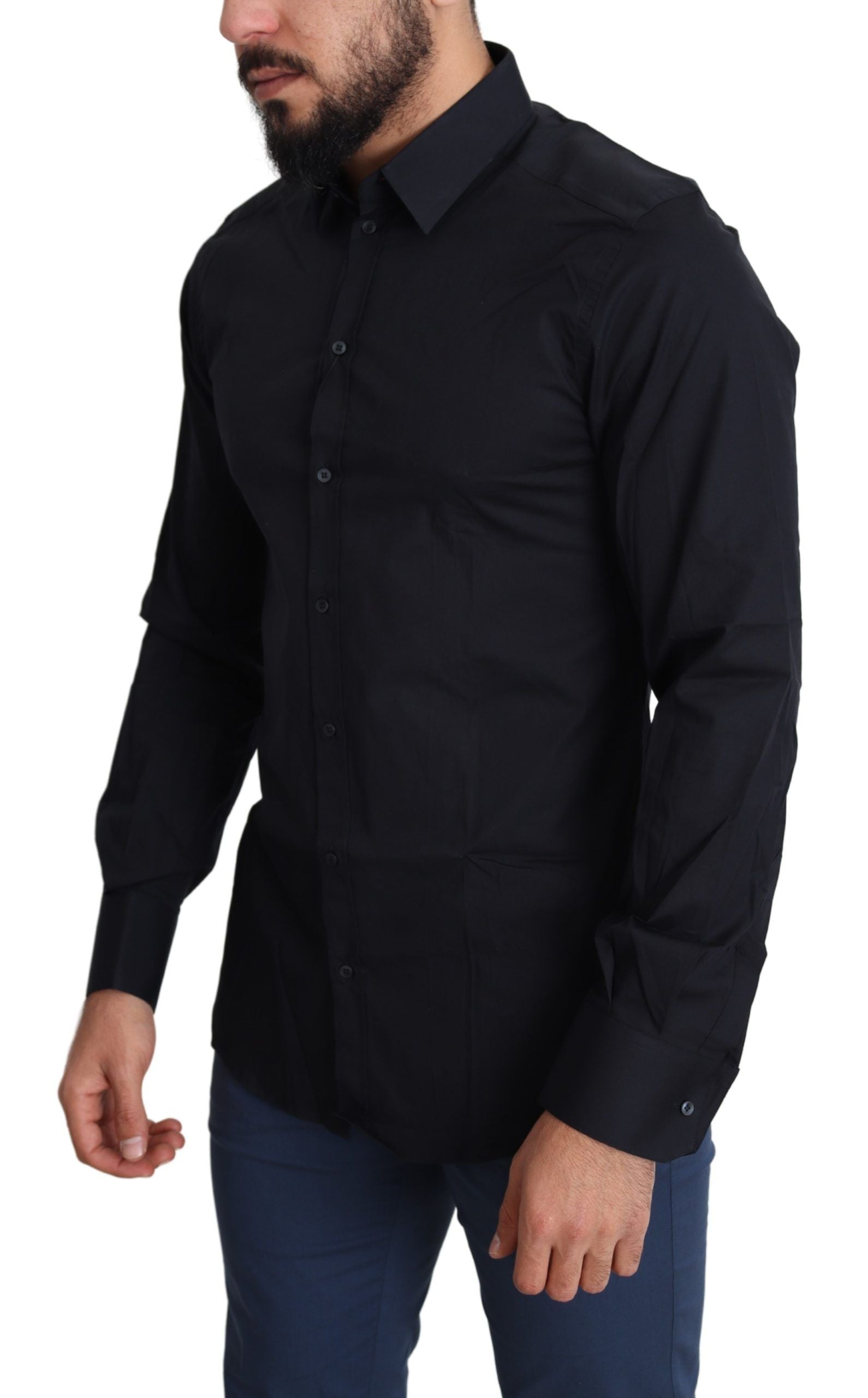 Sleek Black Slim Fit Cotton Stretch Dress Shirt - ventzia