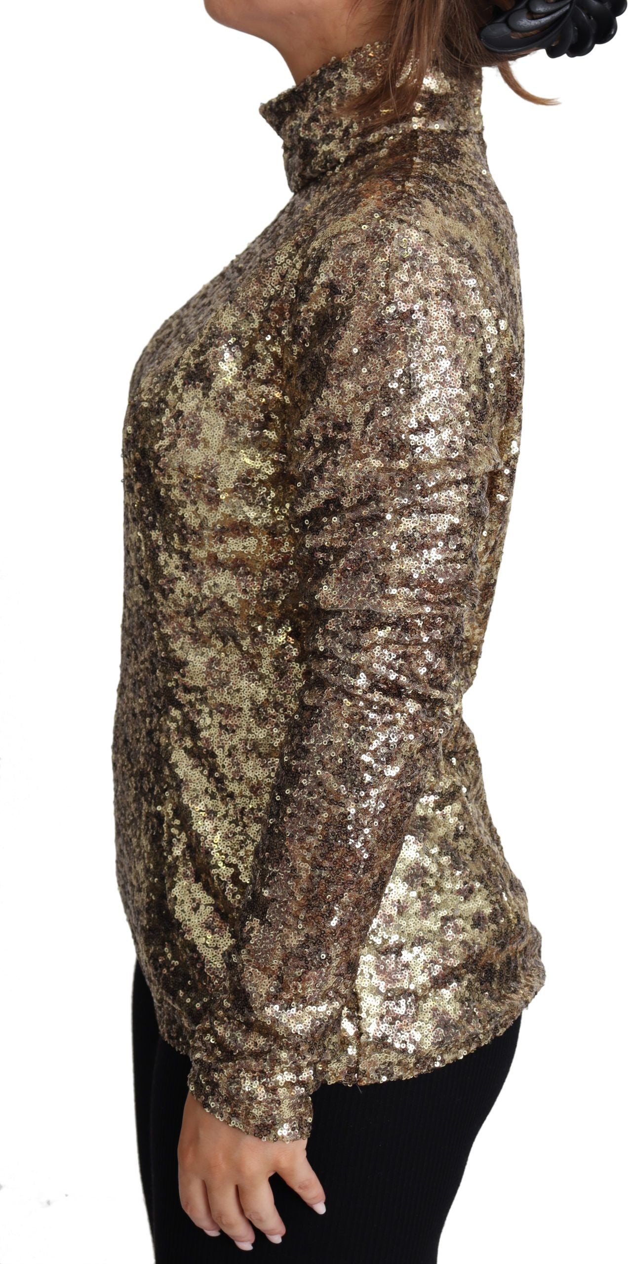 Sequined Turtleneck Full Zip Sweater in Brown - ventzia