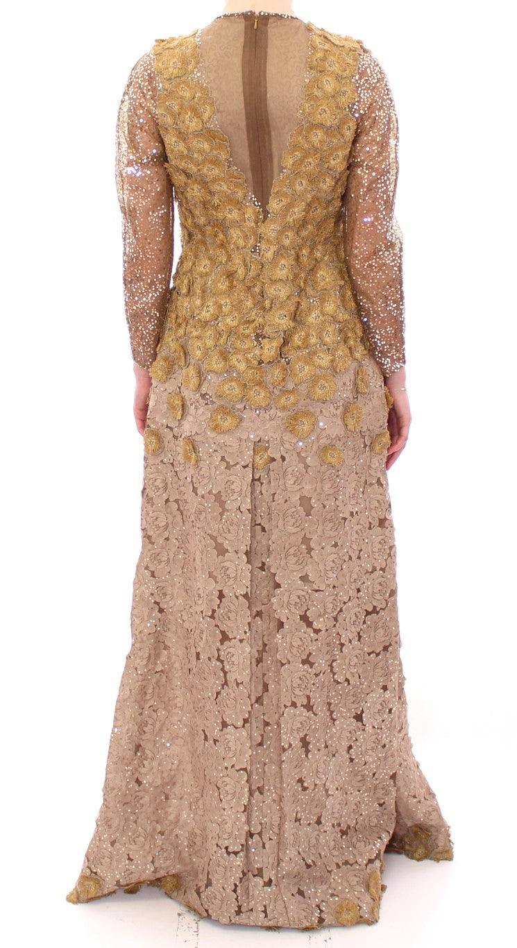 Exquisite Gold Lace Maxi Dress with Crystals - ventzia