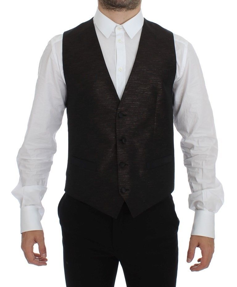 Elegant Brown Black Wool Blend Dress Vest - ventzia