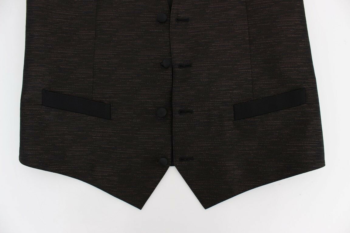 Elegant Brown Black Wool Blend Dress Vest - ventzia