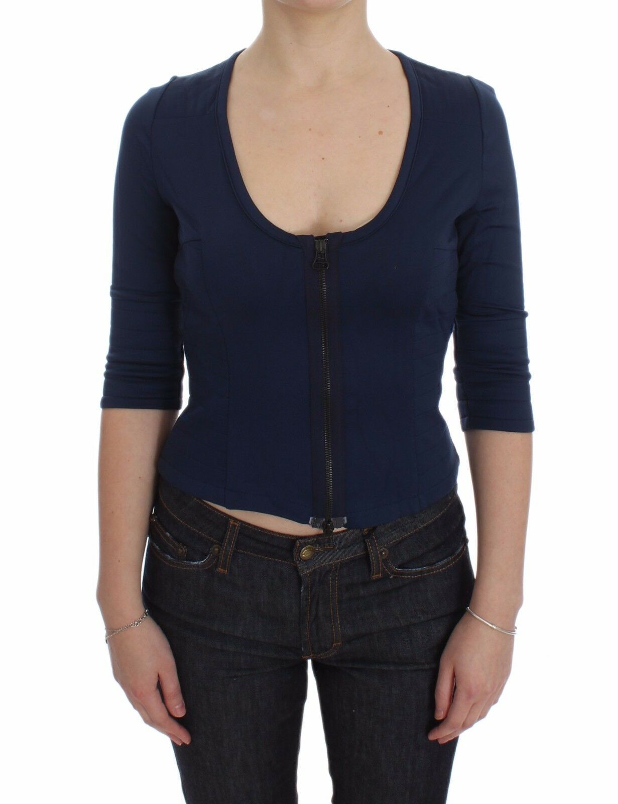Chic Zippered Crew-Neck Blue Sweater - ventzia