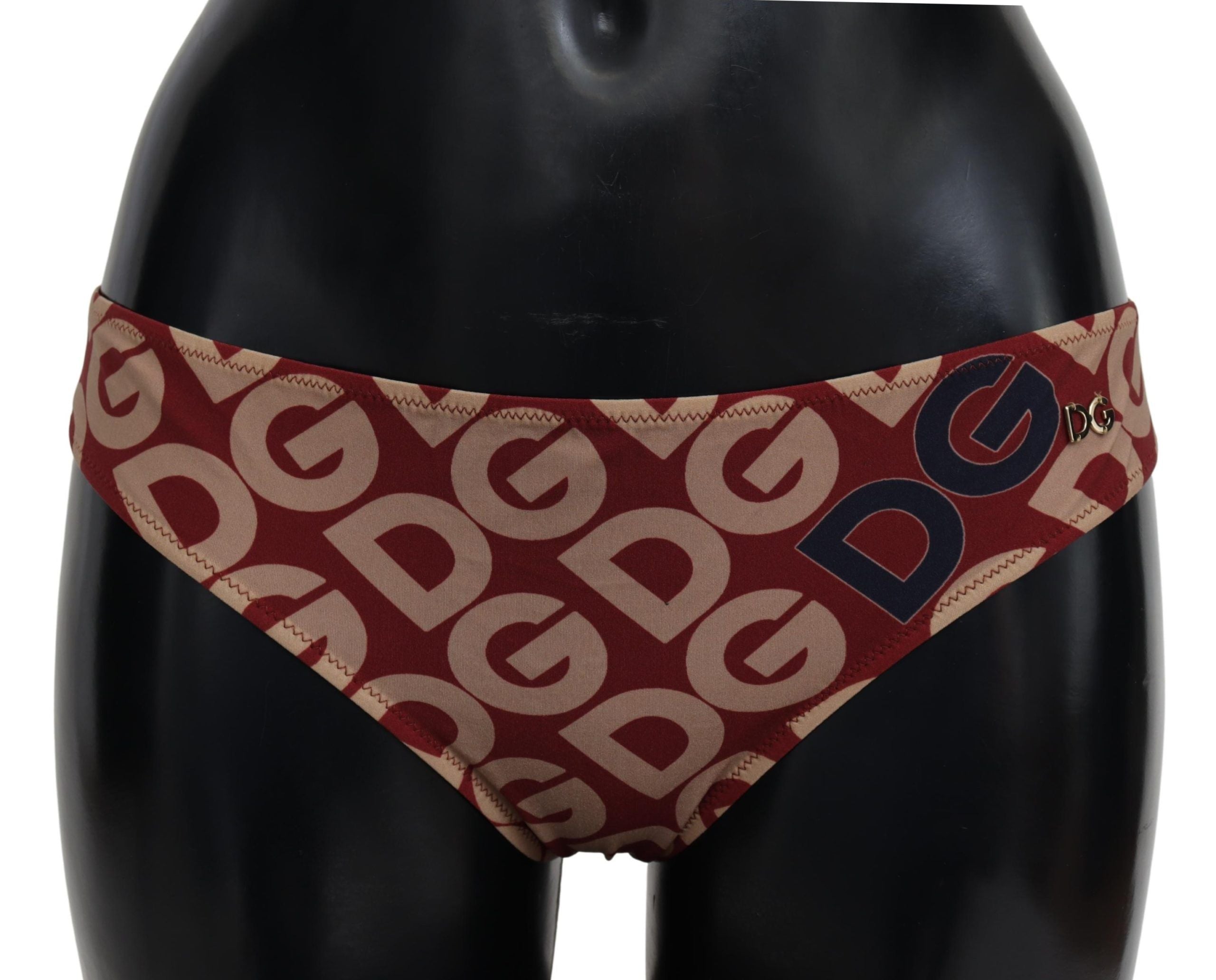 Chic Maroon Beige Logo Print Bikini Bottom - ventzia