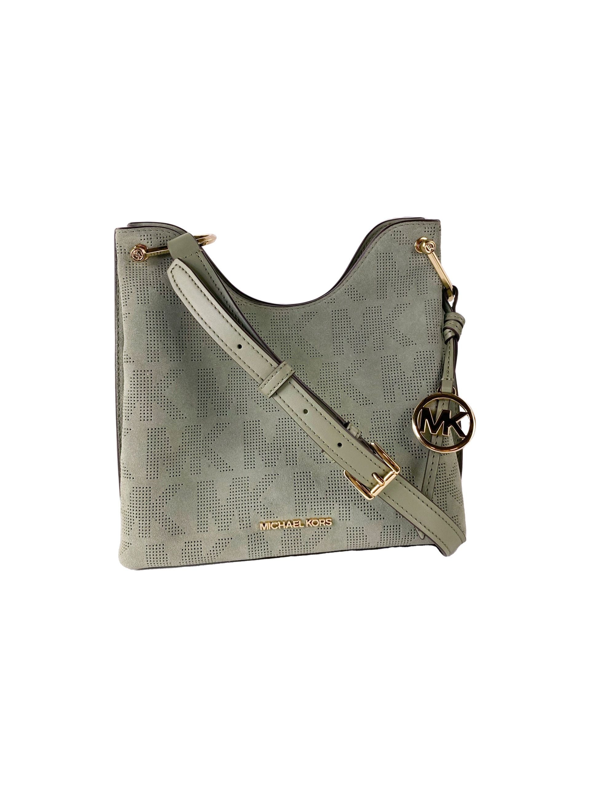 Joan Large Perforated Suede Leather Slouchy Messenger Handbag (Army Green) - ventzia