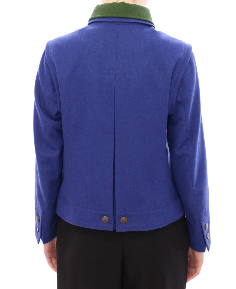 Elegant Blue Wool Jacket with Removable Collar - ventzia