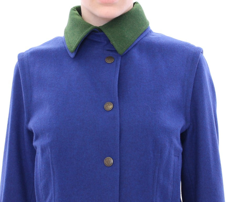 Elegant Blue Wool Jacket with Removable Collar - ventzia
