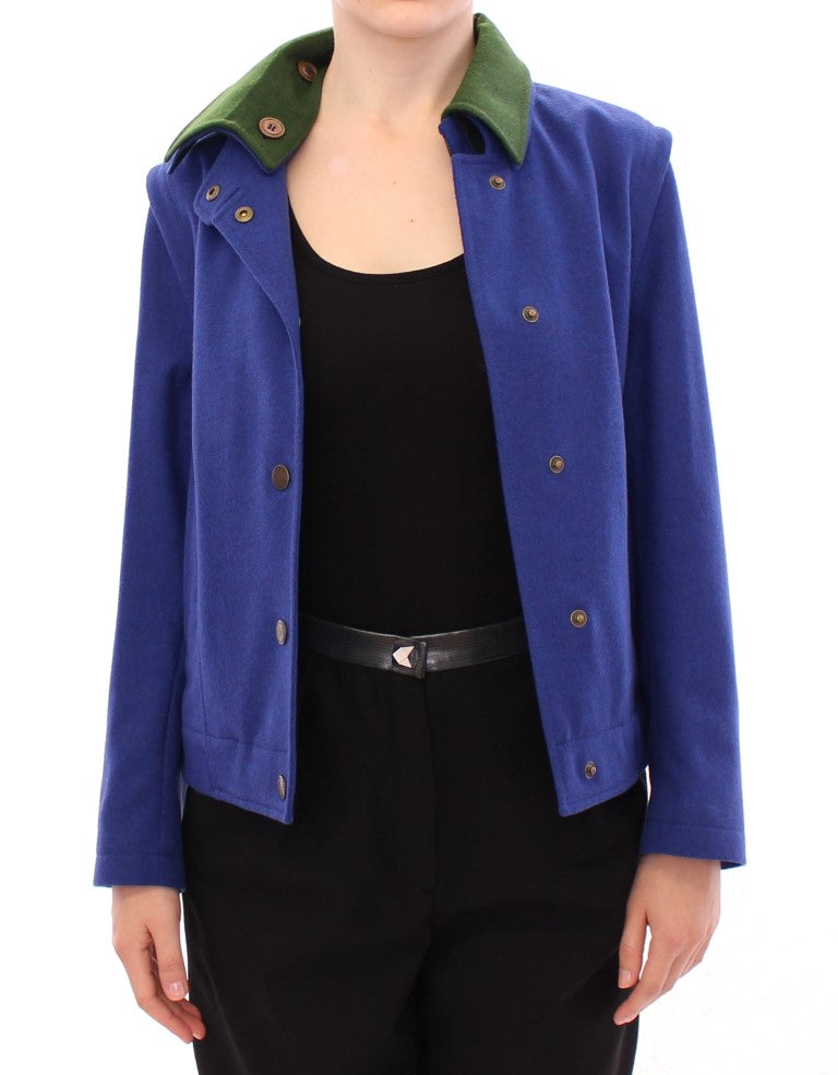 Elegant Blue Wool Jacket with Removable Collar - ventzia