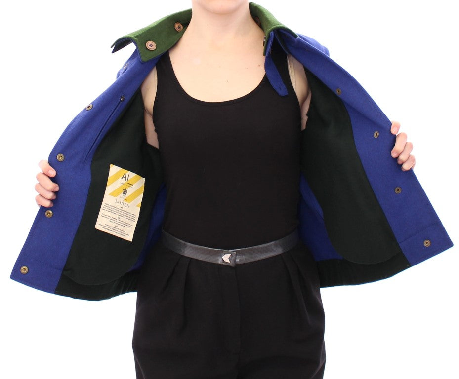Elegant Blue Wool Jacket with Removable Collar - ventzia