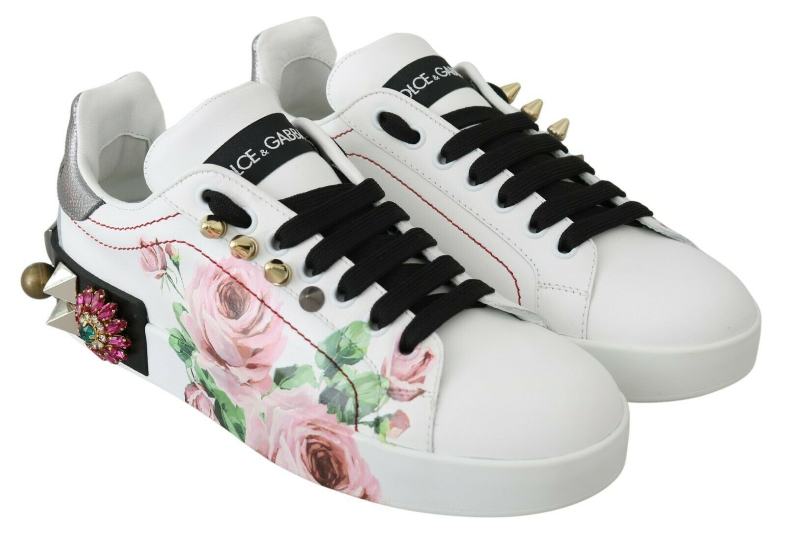 Floral Crystal-Embellished Leather Sneakers - ventzia
