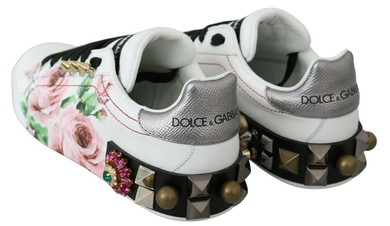 Floral Crystal-Embellished Leather Sneakers - ventzia