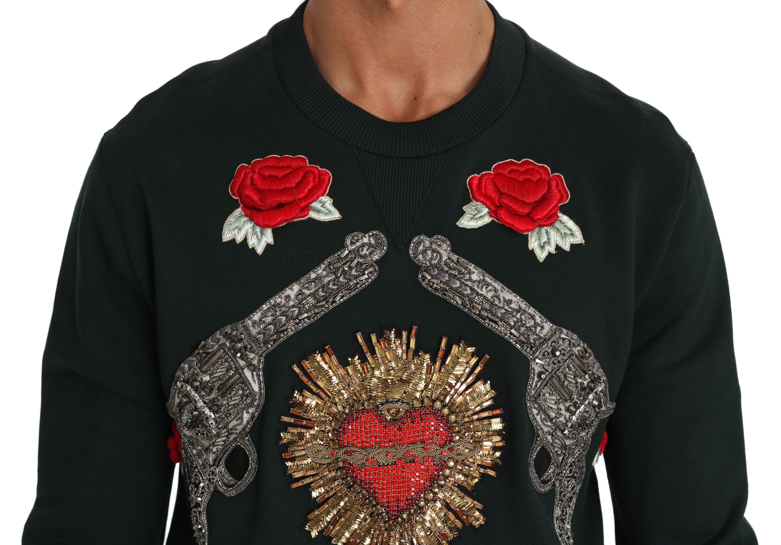 Emerald Cotton Sweater with Crystal Embroidery - ventzia