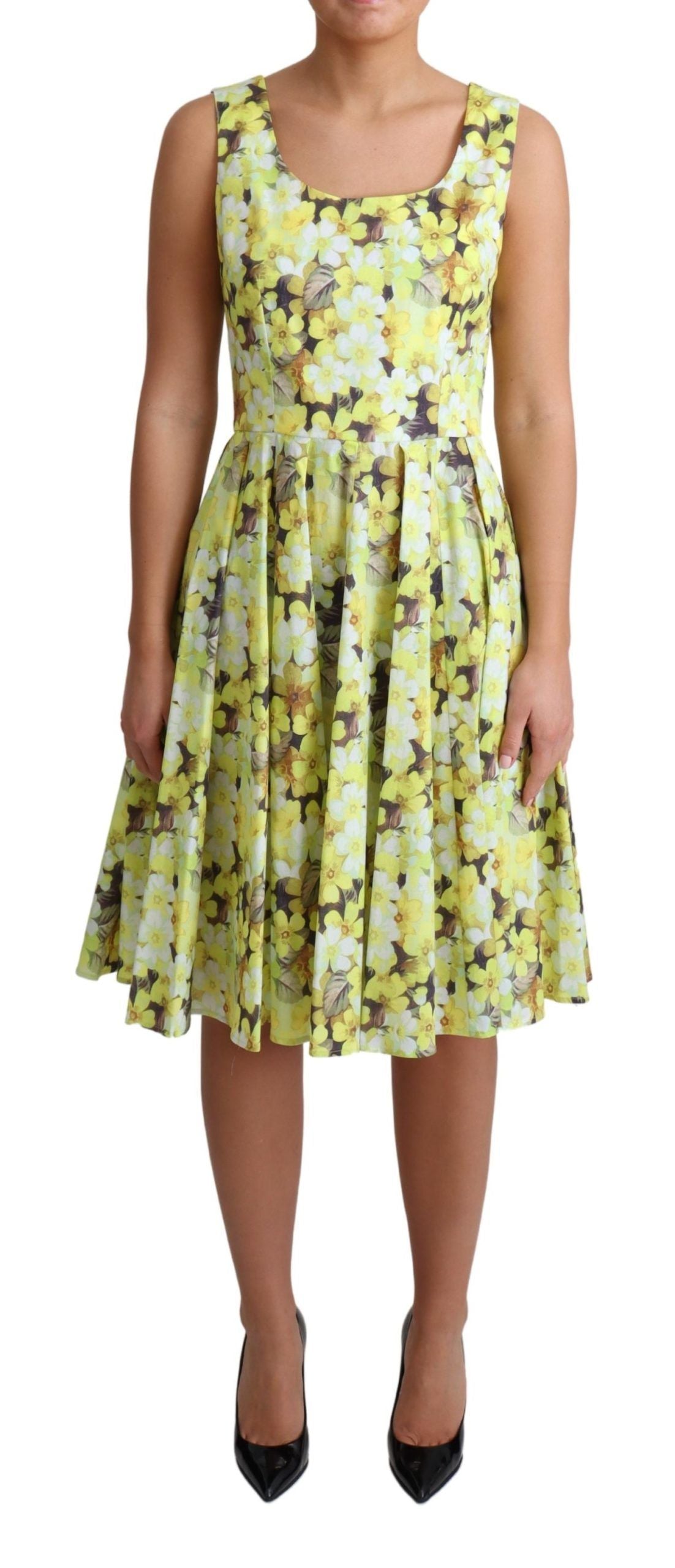Elegant Yellow Floral A-Line Sleeveless Dress - ventzia