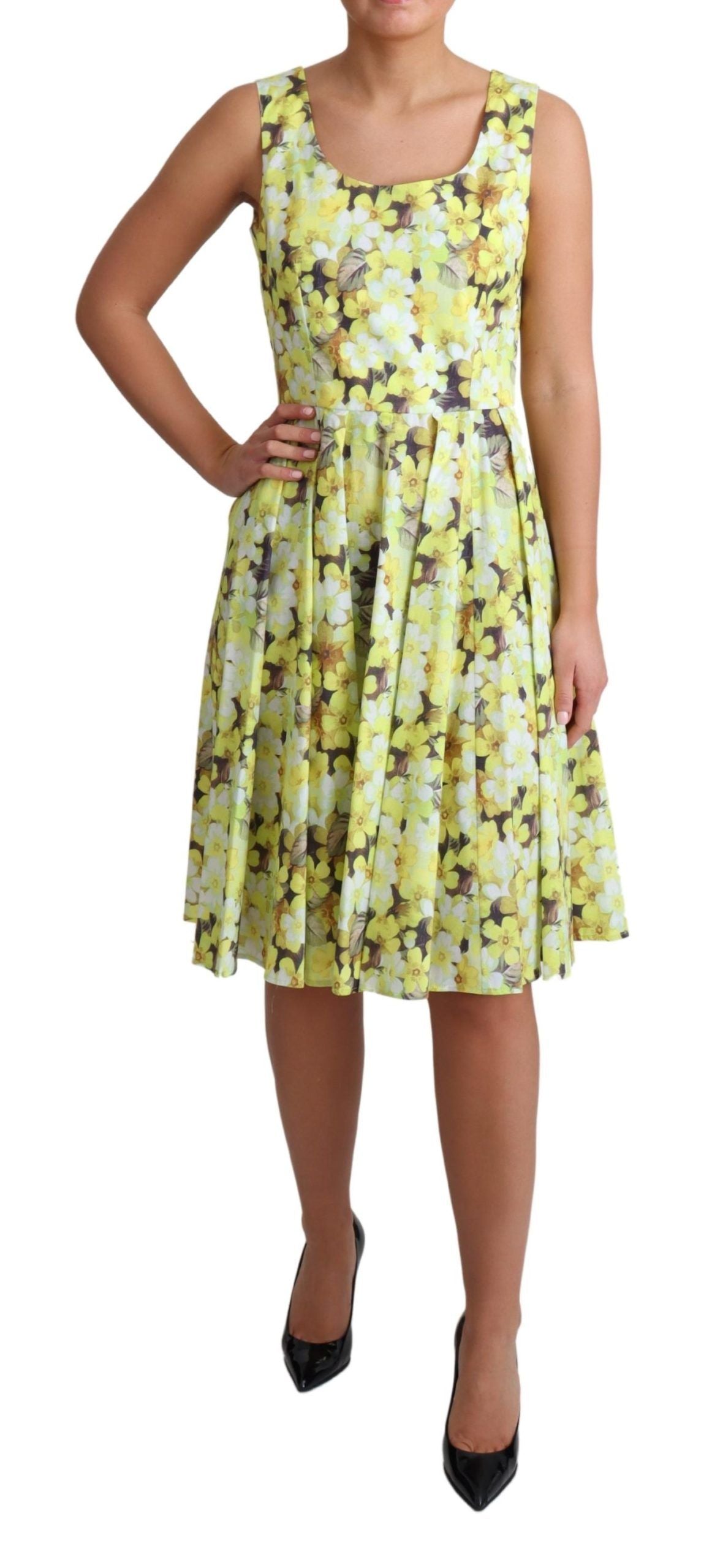 Elegant Yellow Floral A-Line Sleeveless Dress - ventzia