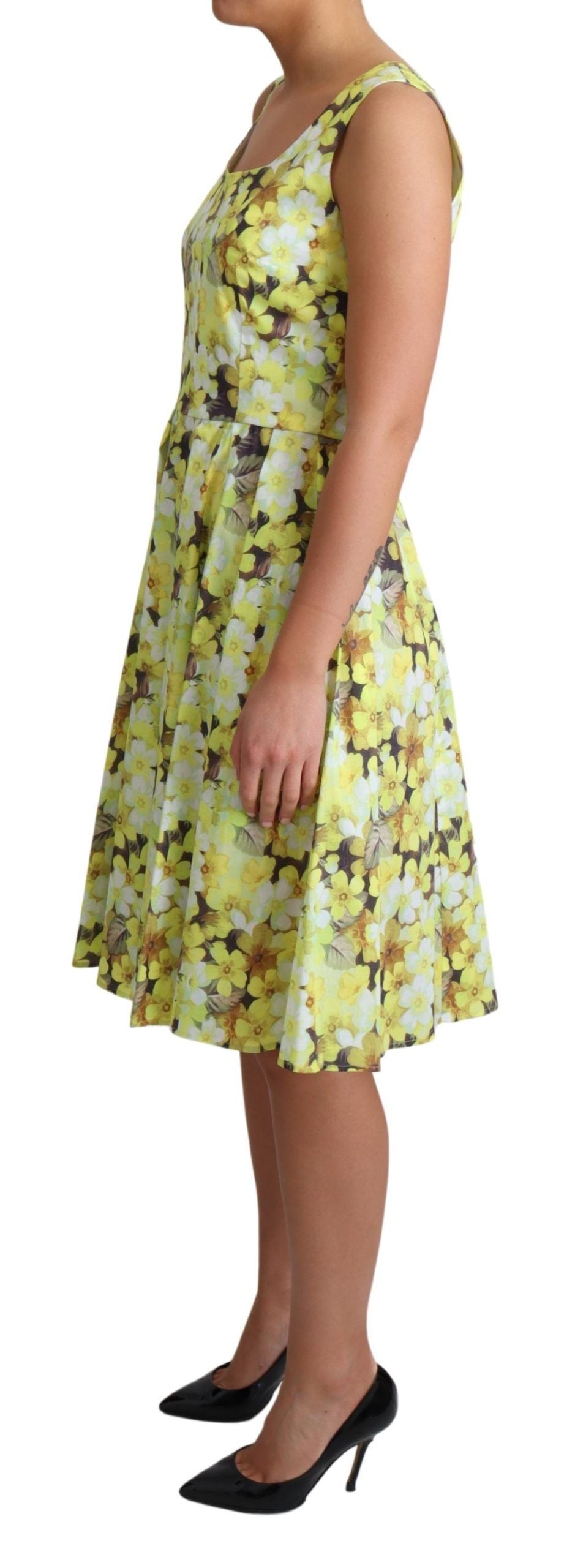 Elegant Yellow Floral A-Line Sleeveless Dress - ventzia