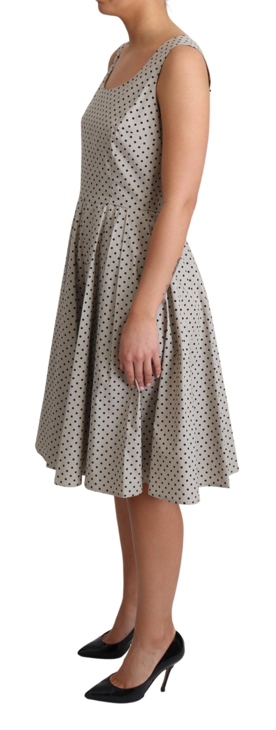 Polka-Dotted Beige Sleeveless A-line Dress - ventzia