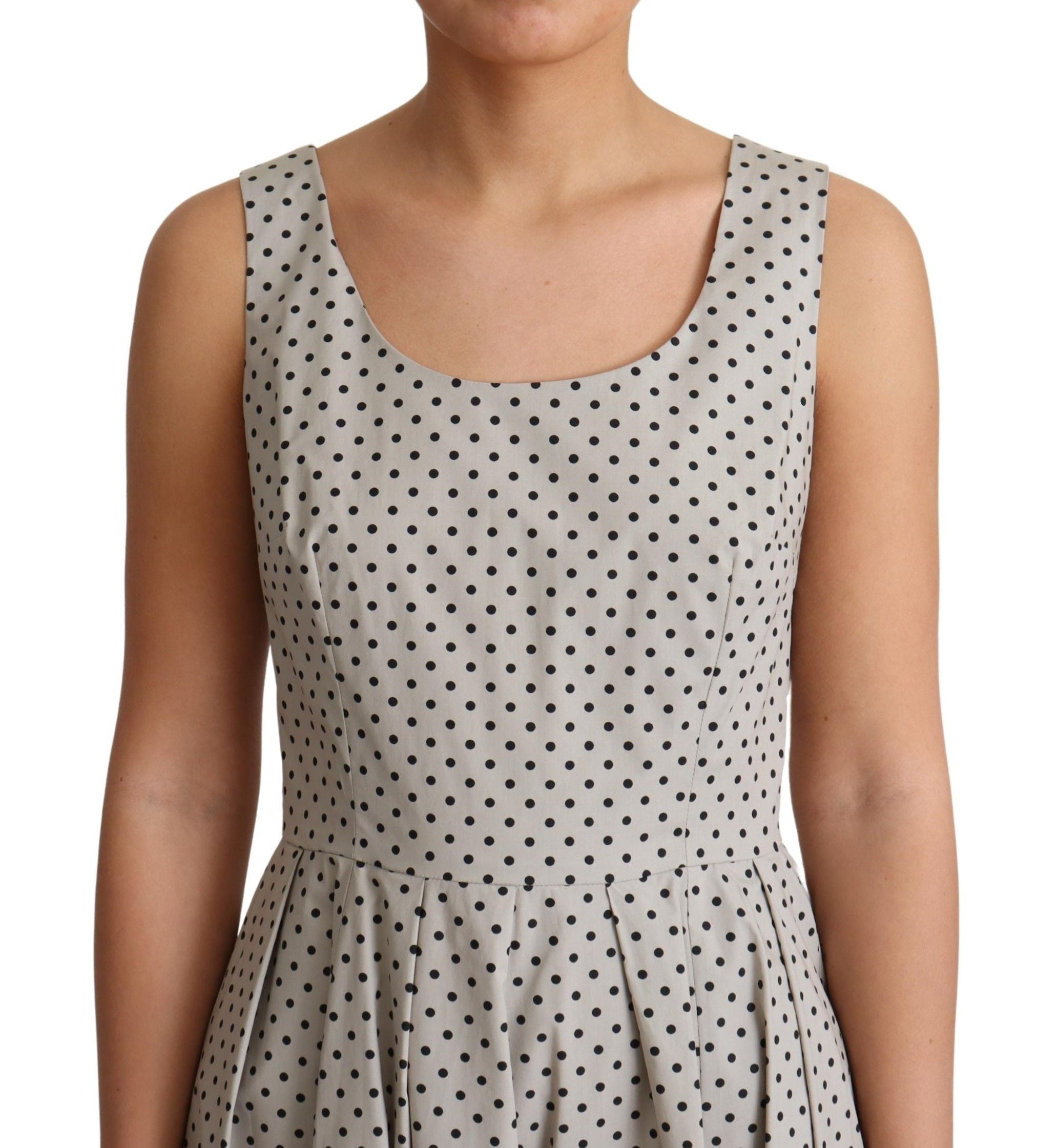 Polka-Dotted Beige Sleeveless A-line Dress - ventzia