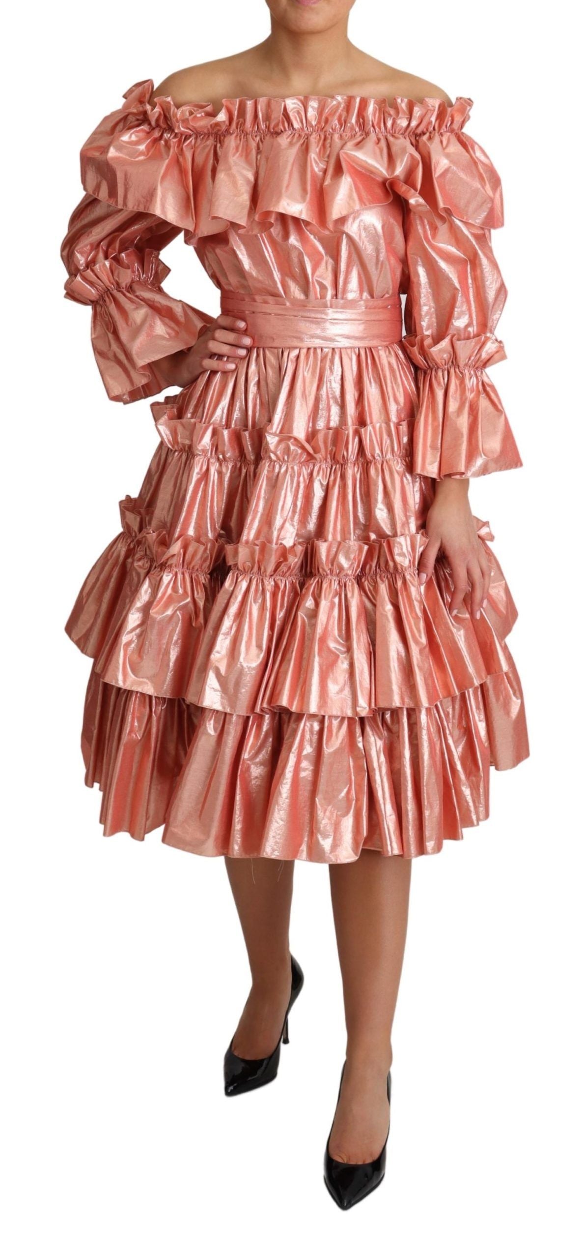 Pink Metallic Ruffled Gown Elegance - ventzia