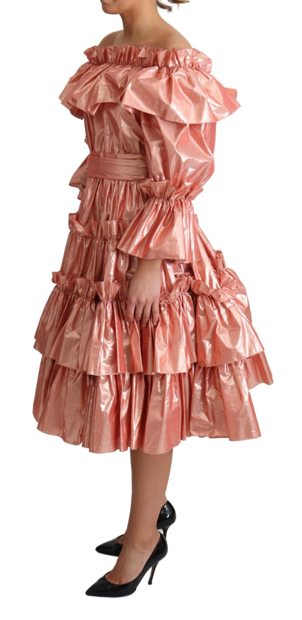 Pink Metallic Ruffled Gown Elegance - ventzia