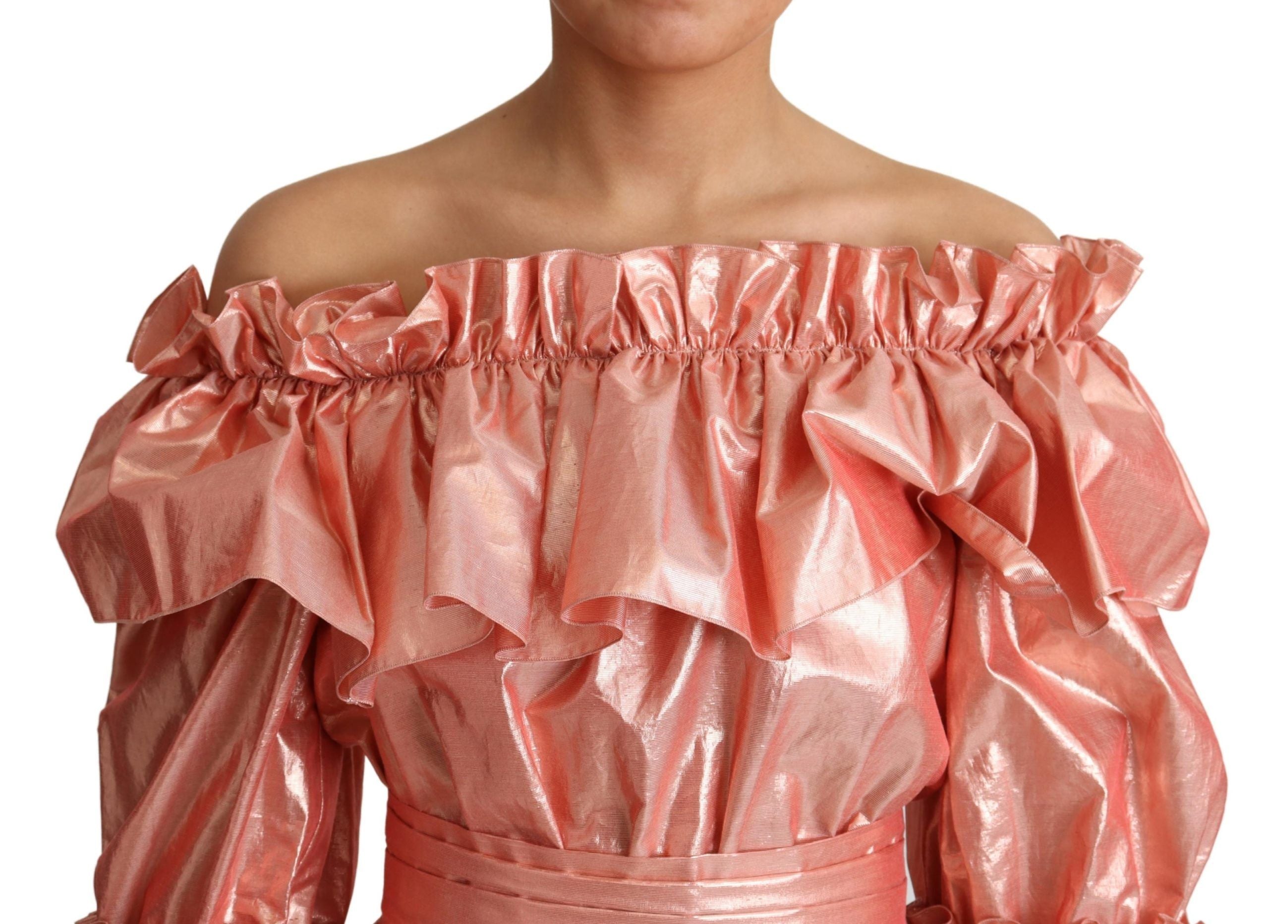 Pink Metallic Ruffled Gown Elegance - ventzia