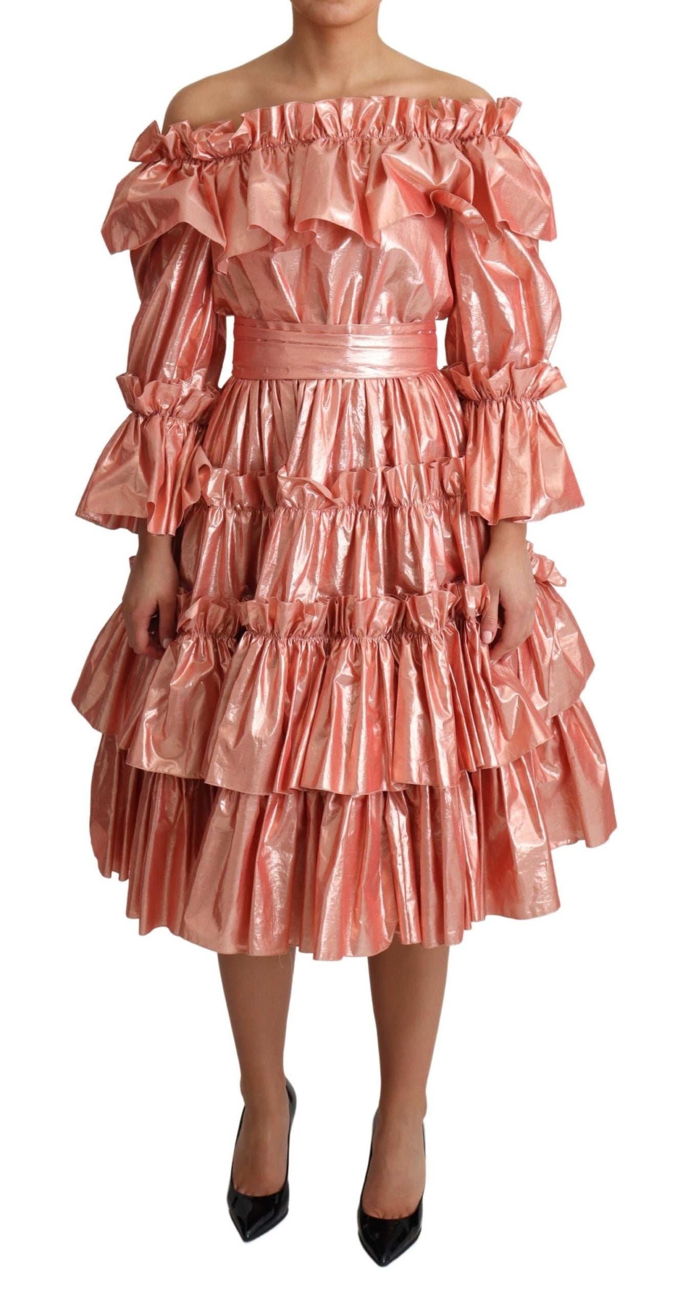 Pink Metallic Ruffled Gown Elegance - ventzia