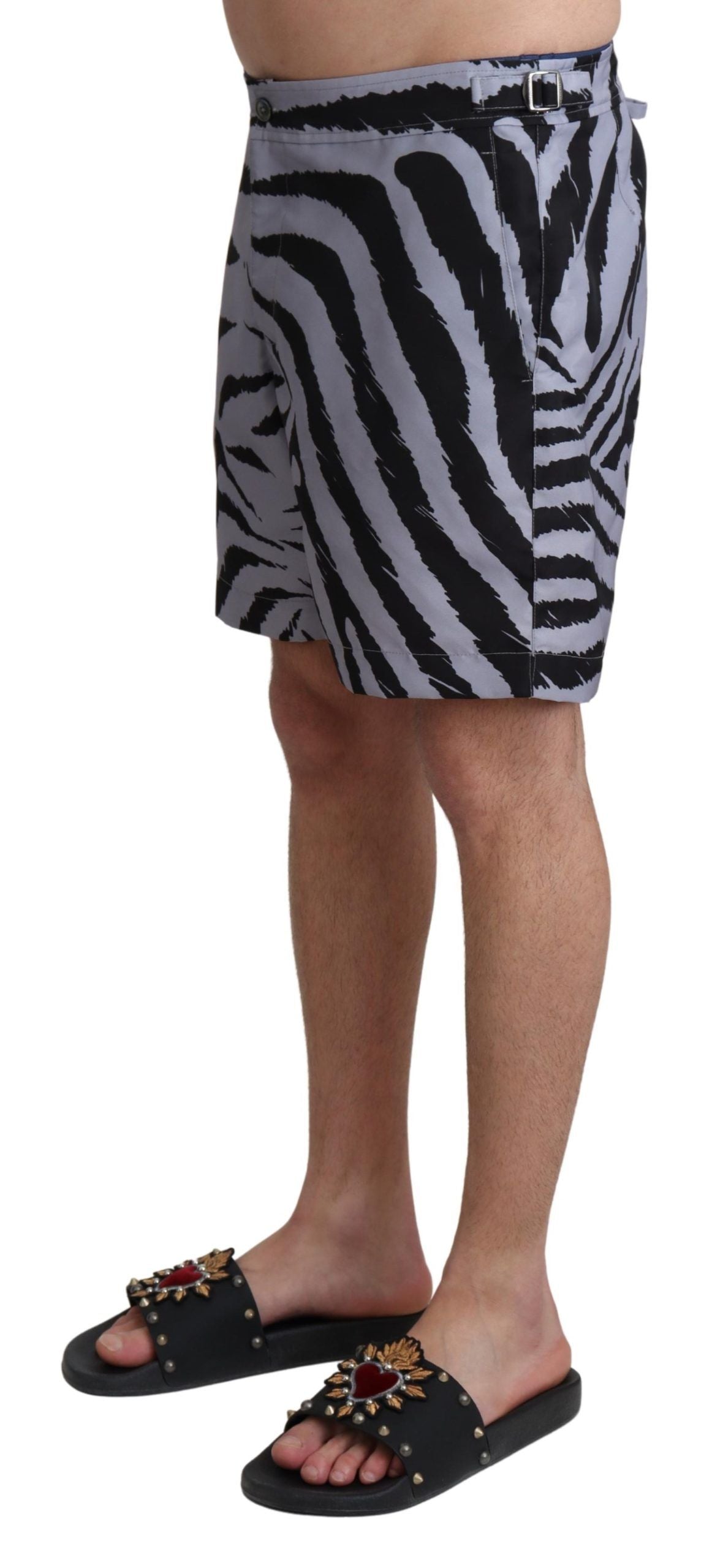 Elegant Gray Zebra Print Swim Trunks - ventzia