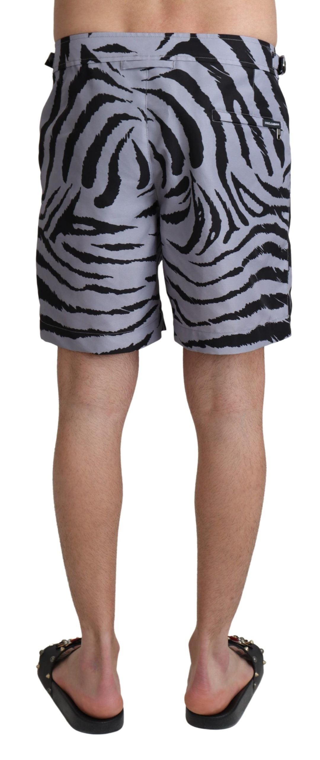 Elegant Gray Zebra Print Swim Trunks - ventzia