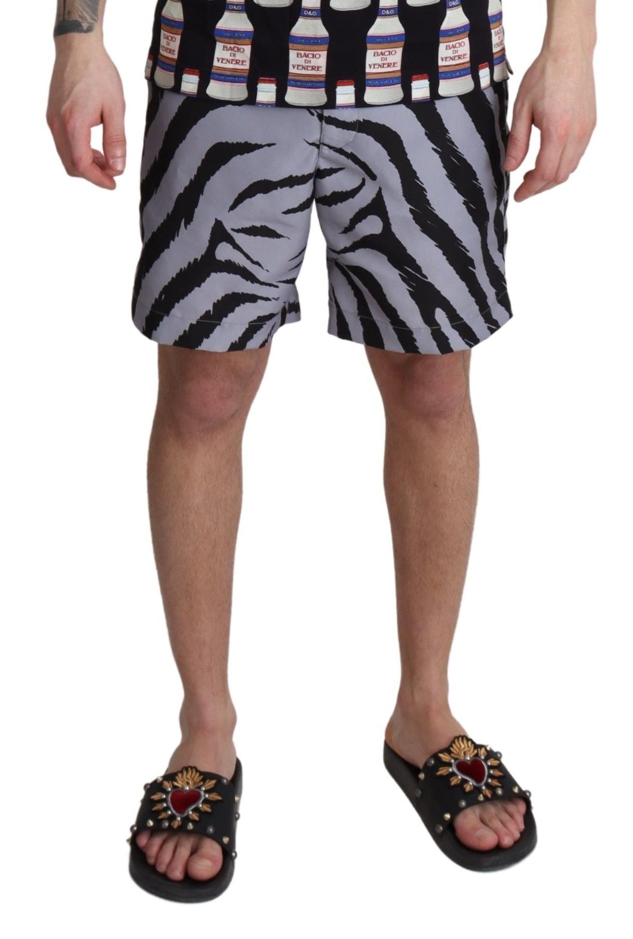 Elegant Gray Zebra Print Swim Trunks - ventzia