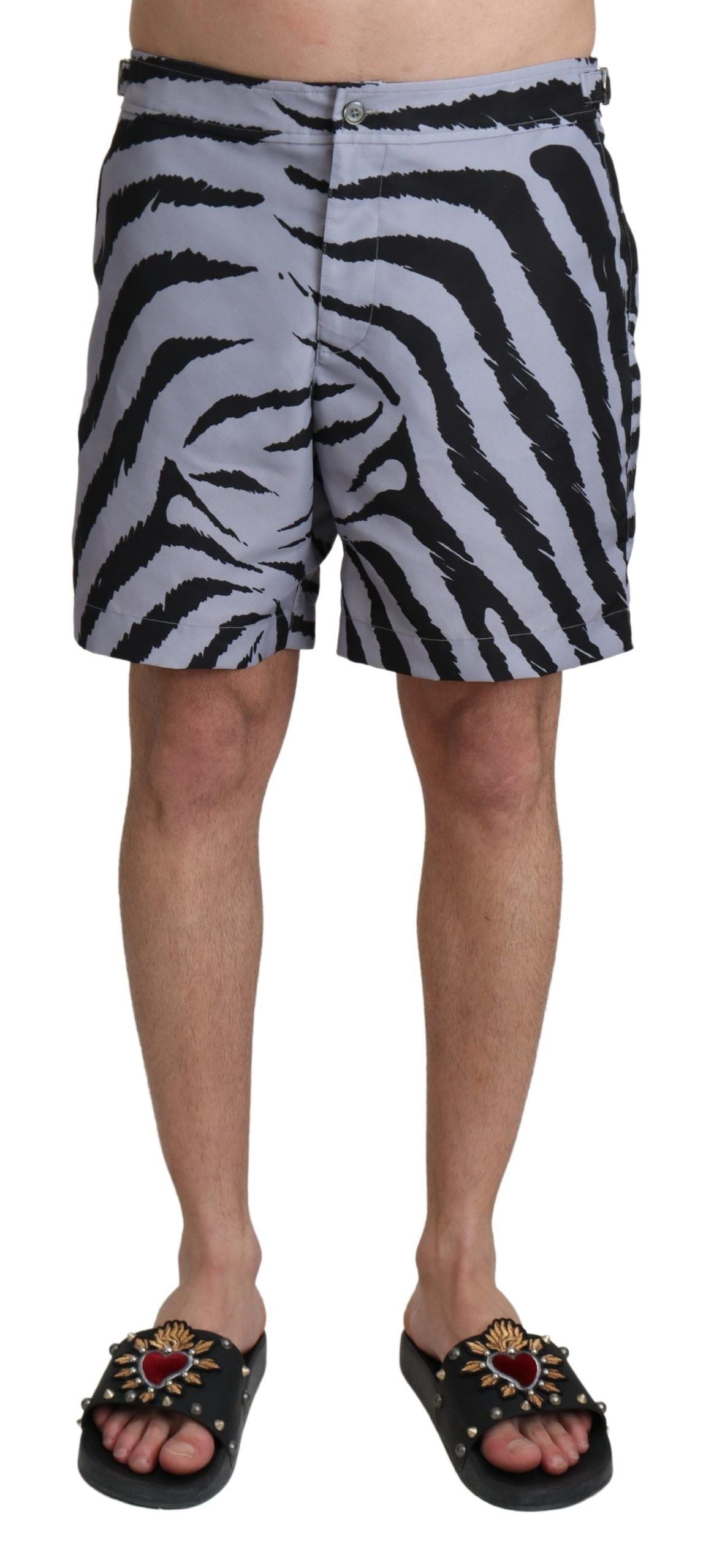 Elegant Gray Zebra Print Swim Trunks - ventzia